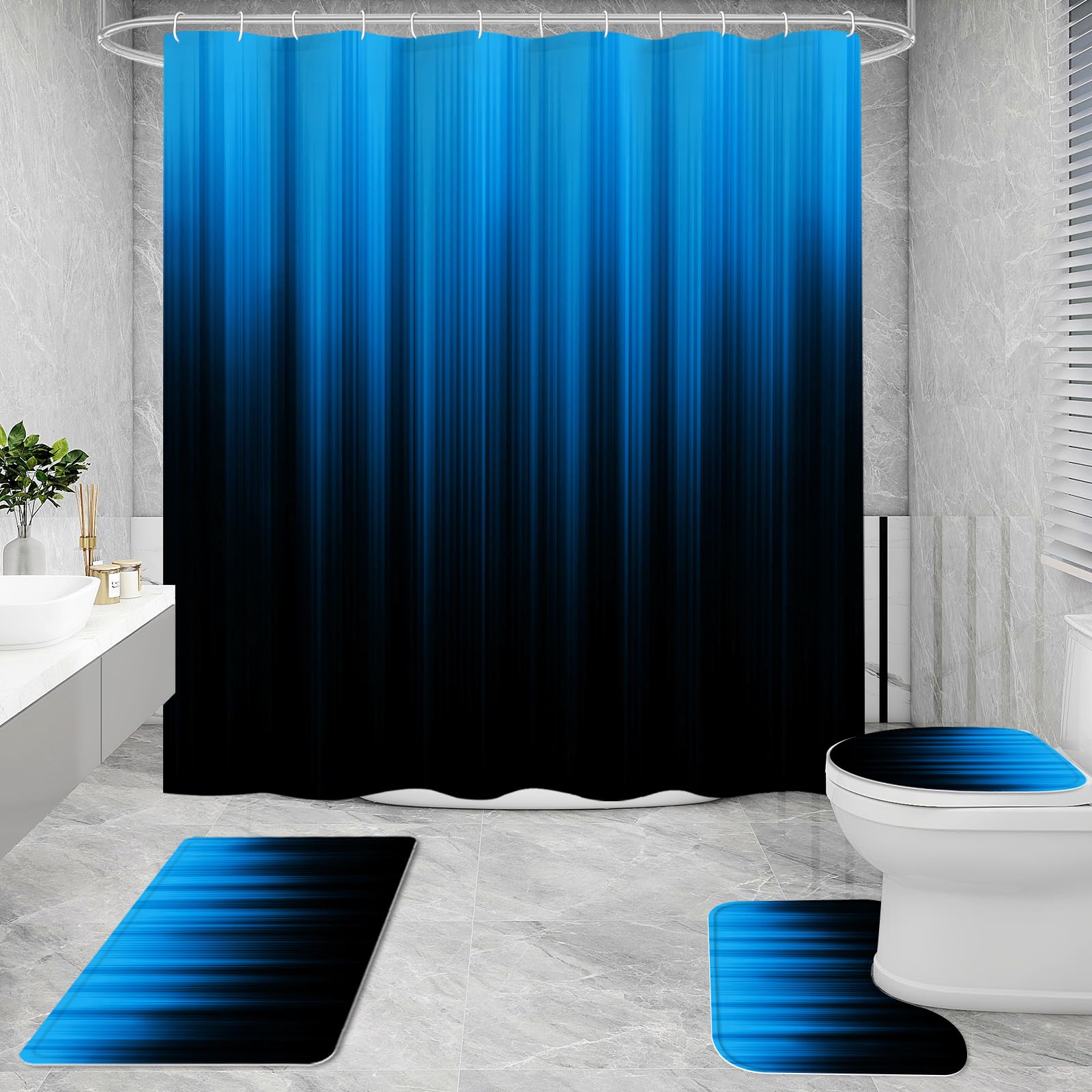 Litabel 4 Pcs Red And Black Gradient Shower Curtain Set With Rugs And Toilet Lid Cover, Modern Simple Waterproof Fabric Bathroom