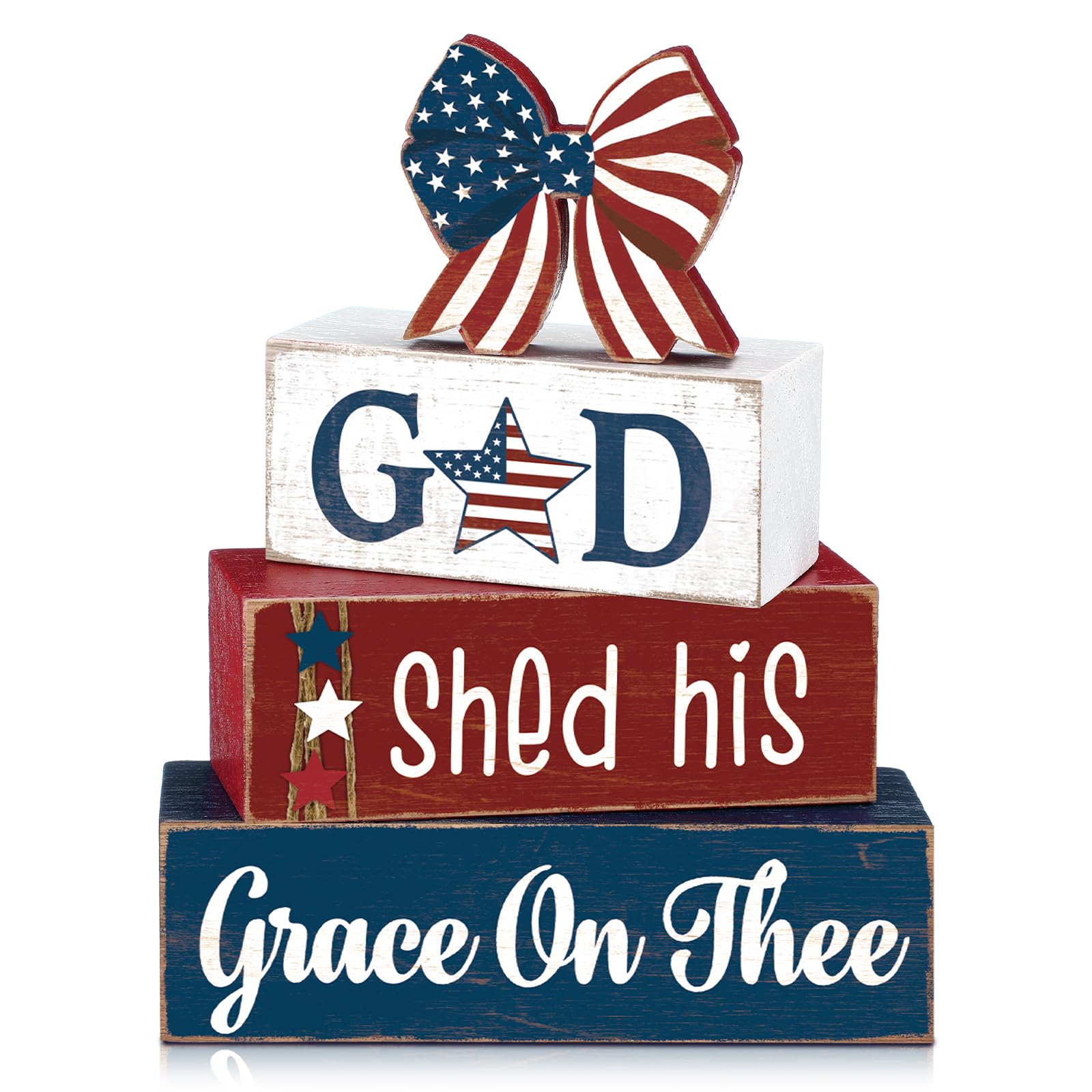 Moucuny 4 Pcs Patriotic Table Decorations God Shed His Grace on Thee Wooden Decorative Signage 4th of July Tiered Tray Decor Bow