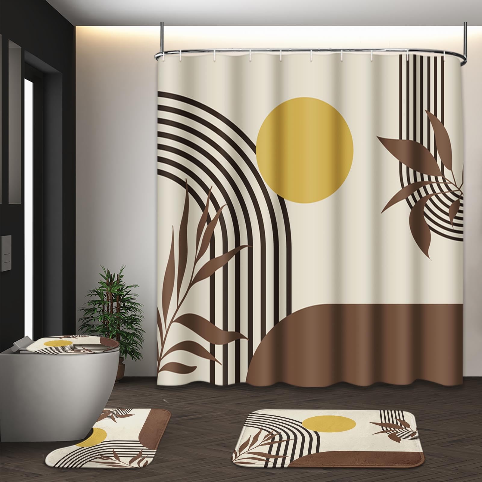 Tayney Boho Mid Century Shower Curtain Set With Toilet Lid Cover And Non-Slip Rugs, Abstract Geometric 4 Pcs Modern Minimalist B