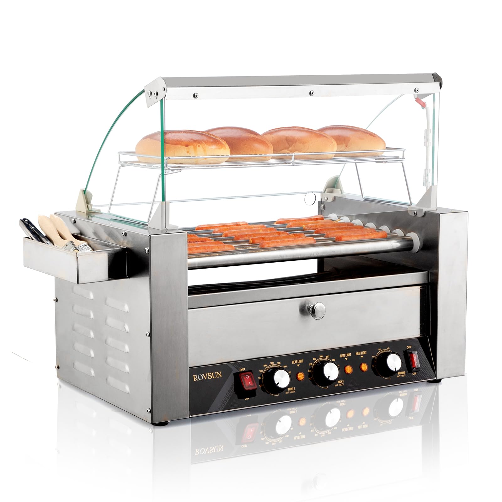 Rovsun 18 Hot Dog 7 Roller, Hot Dog Roller Warmer Grill Cooker Machine W/Bun Warmer, Cover, Dual Temp Control, Led Light, Remova
