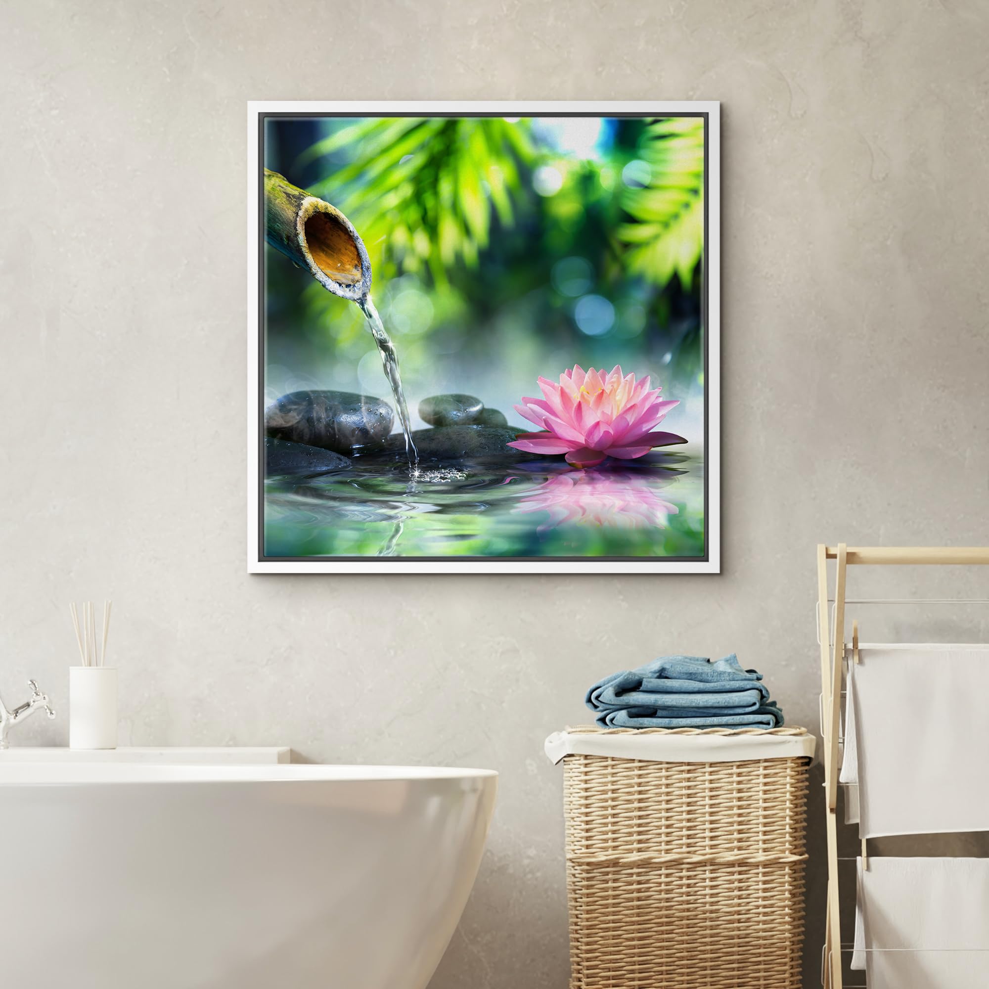 Wall26 Framed Canvas Print Wall Art Zen Garden With Bamboo And Pink Water Lily Floral Nature Digital Art Modern Art Rustic Sceni