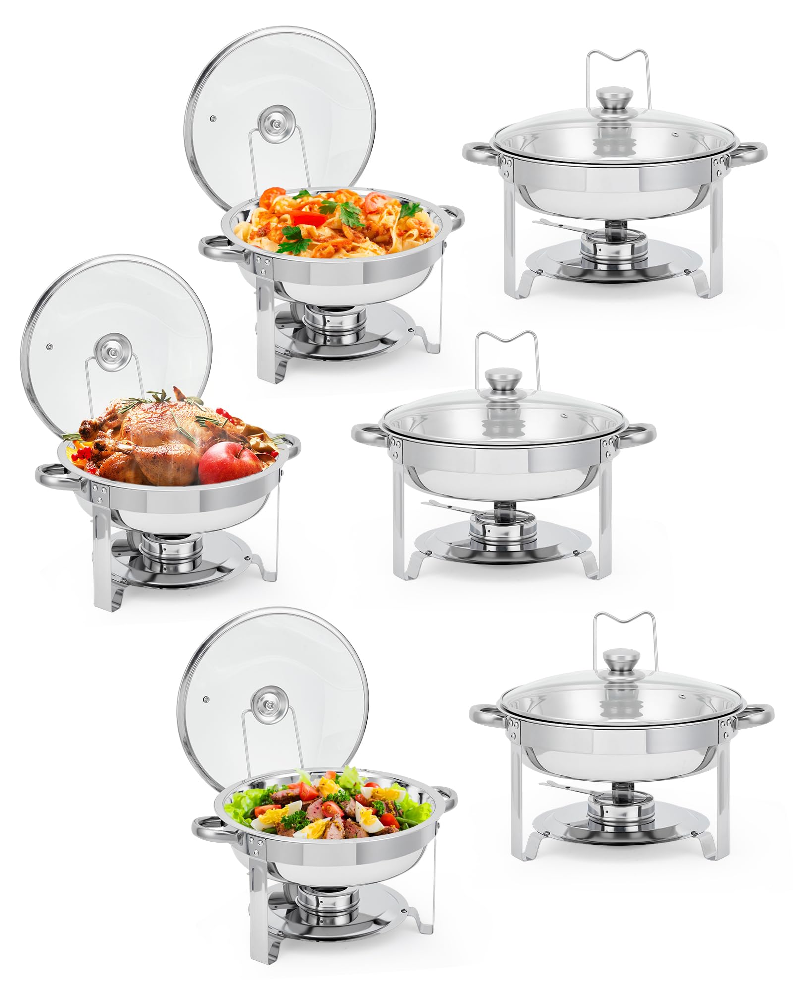 Garvee Chafing Dishes for Buffet Set of 6, 5 QT Round Buffet Servers and Food Warmer Set with Glass Lid, Holder & Drip Tray, Sta