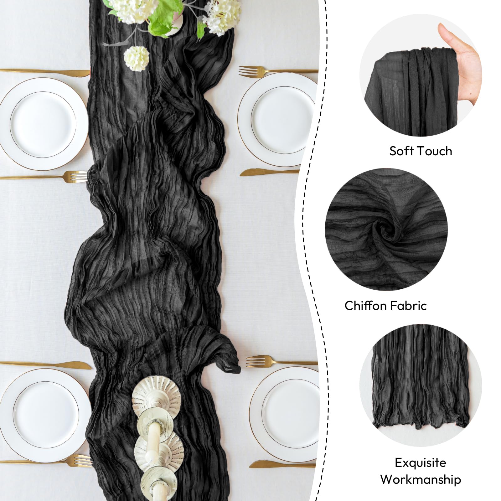 Sioloc 1 Pack Black Halloween Table Runner,10Ft Black Chiffon Table Runner ,Boho Gauze Fall Table Runner For Wedding Bridal Baby