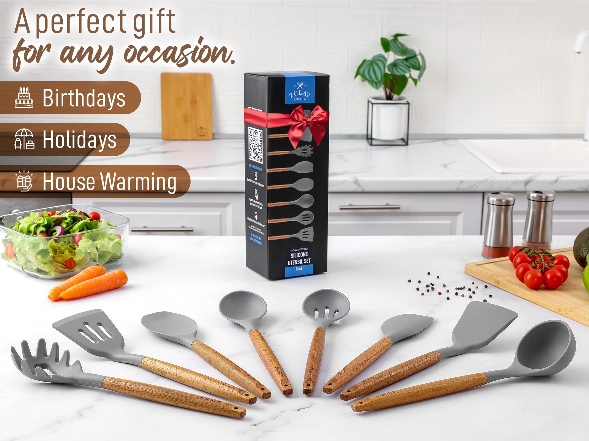 Zulay (8 Piece) Silicone Kitchen Utensils Set For Cooking - Non-Stick Silicone Cooking Utensils Set With Acacia Wood Handle - He