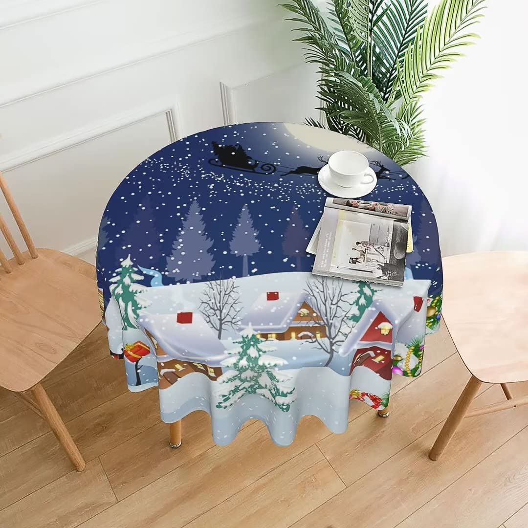 BETGINY Christmas Tablecloth - 60 Inch Round Blue Winter Snowman Xmas Tree Santa Stars Snow Table Cloth Dust-Proof Wrinkle Resis