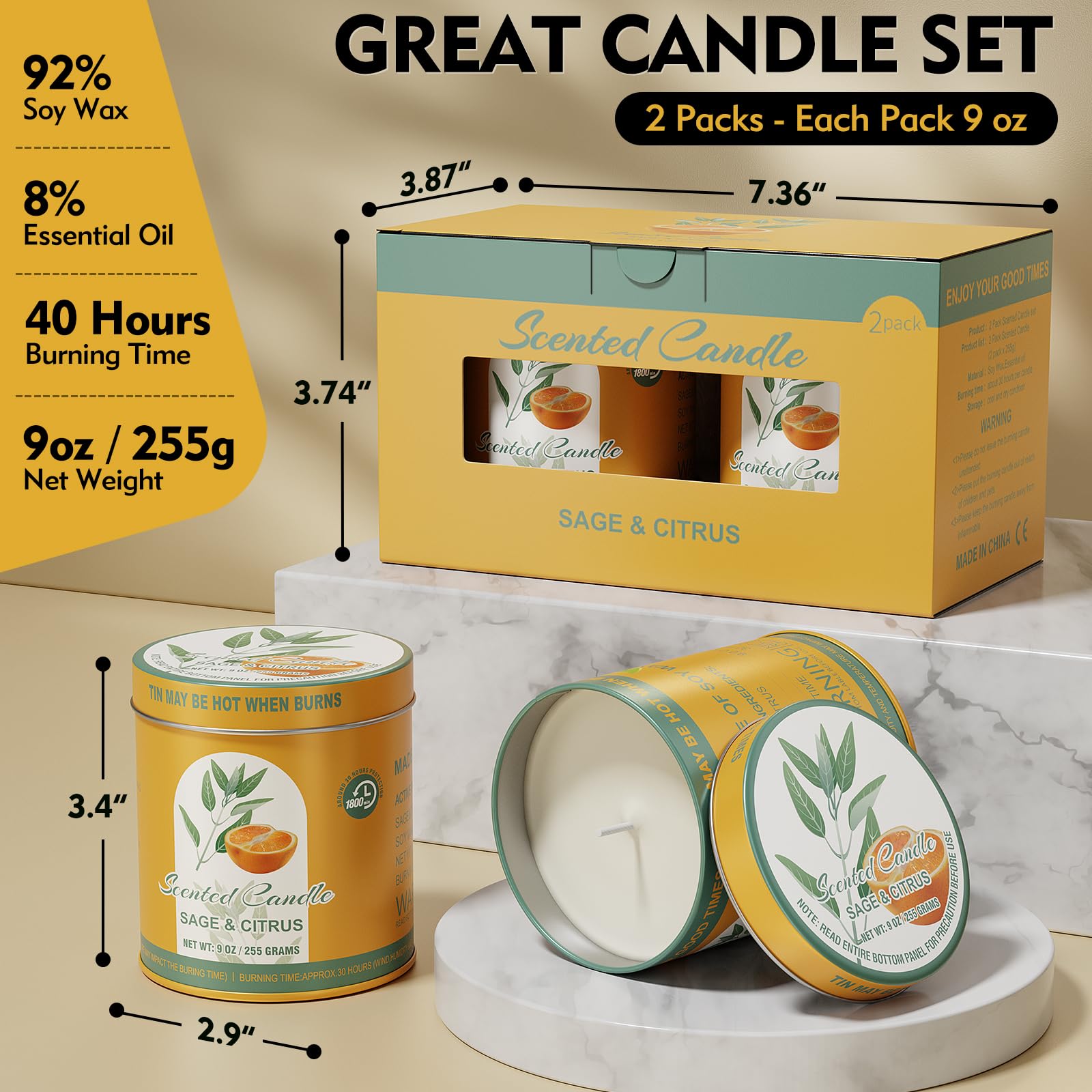 2 Pack Scented Candles (90 Total Burn Hours) - Soy Wax Candles 9 oz Each in Tin - Long Lasting Aromatherapy Candle Gift Set (Sag