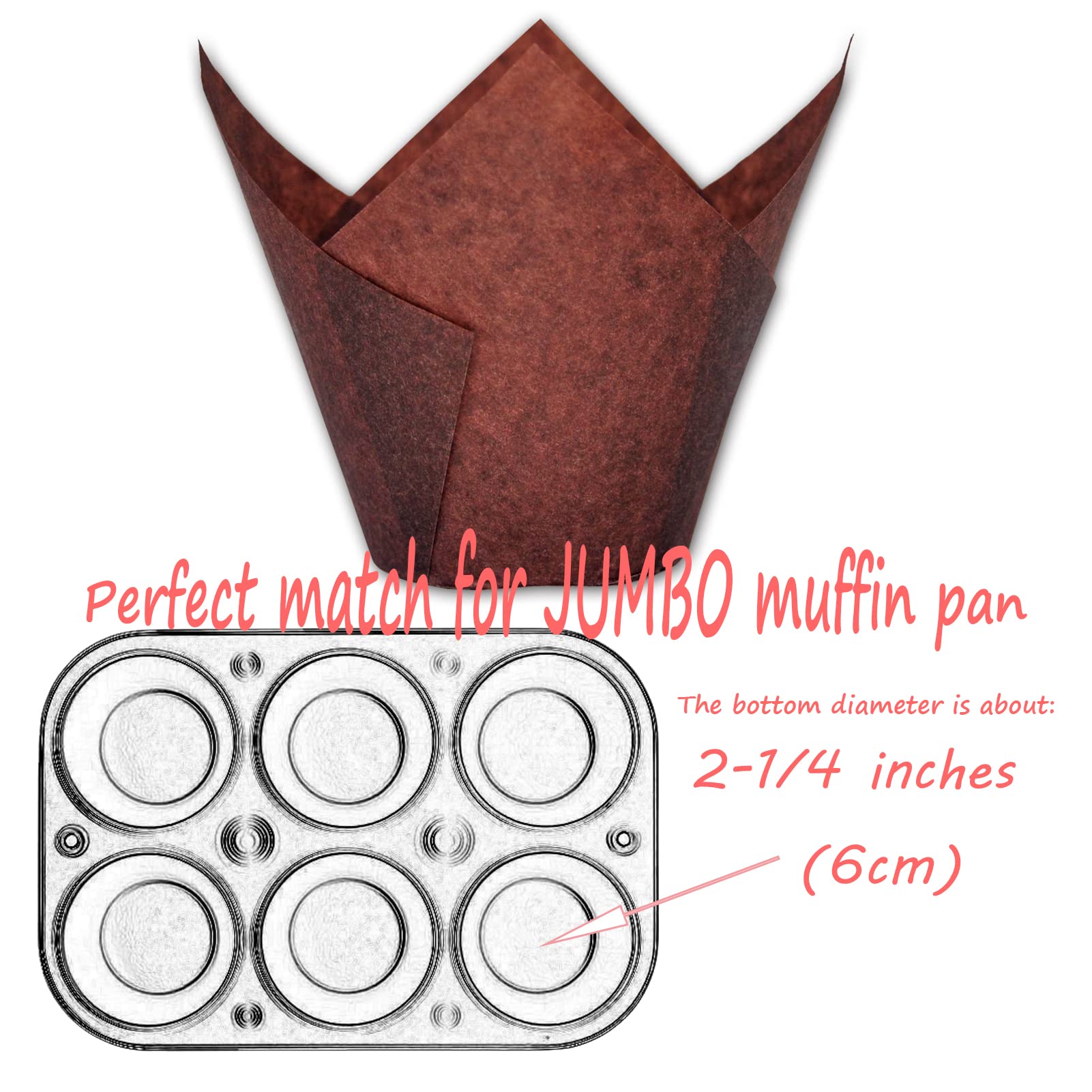 Mybakning Jumbo Extra Large Size Brown Tulip Baking Cups 2-1/4''(Base Diameter) X 3-3/4''(Wall Height) Greaseproof Paper Baking