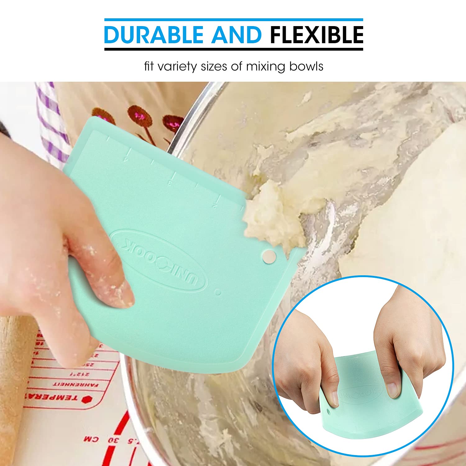 Unicook Dough Scraper, Flexible Bowl Scraper, Nonslip Bench Cutter With Measurement, Pastry Chopper, Multipurpose Kitchen Tool F