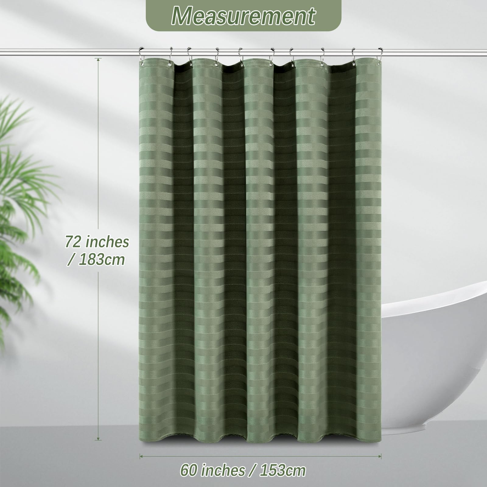 Pangsinne 60 Inch Striped Shower Curtain - Heavy Duty Thick Fabric Green Shower Curtains For Bathroom, Weighted Hotel Spa Luxury