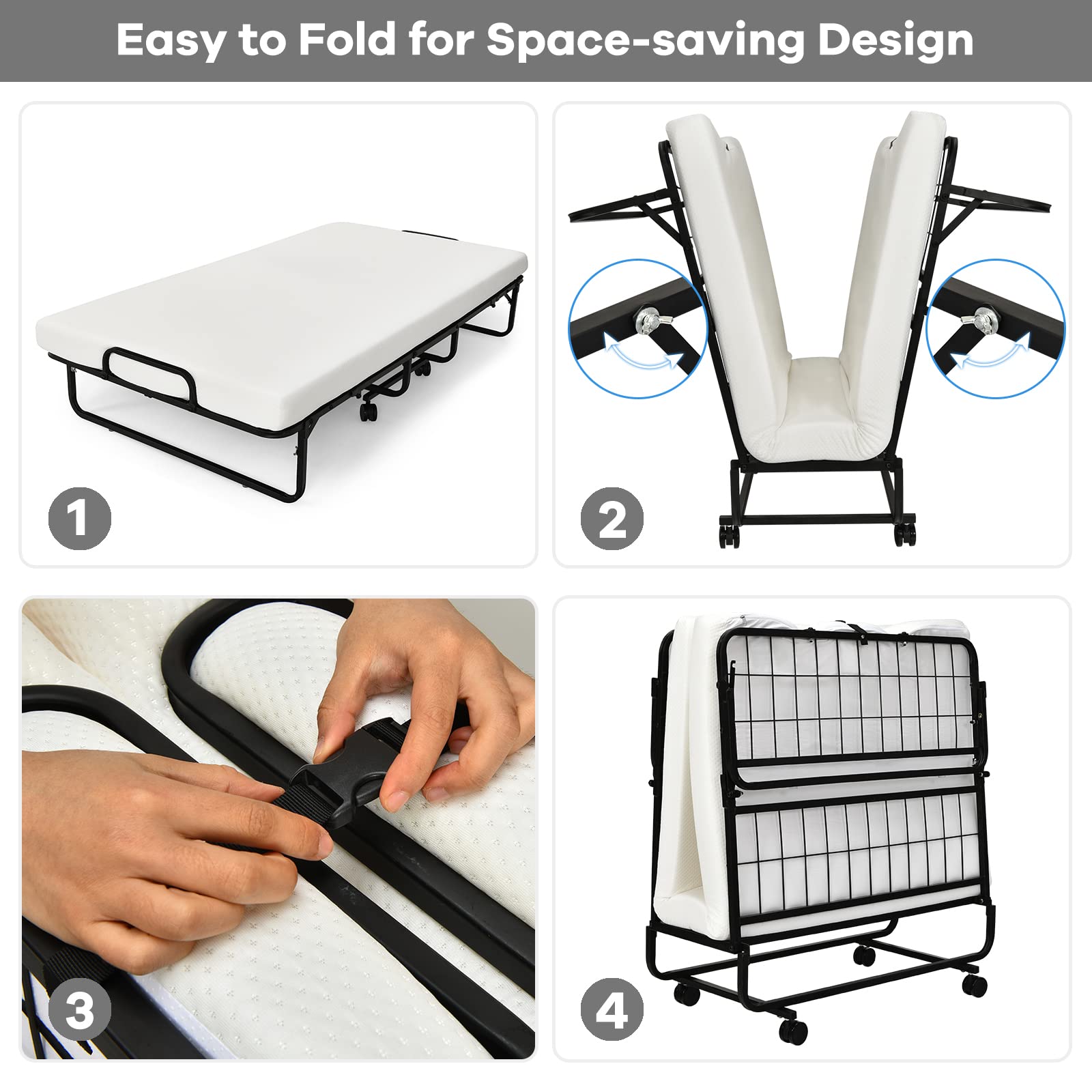 Gorelax Folding Bed With Mattress For Adults, Twin Size Small Portable Bed Set W/Metal Bed Frame & 4    Memory Foam Mattress, Fo