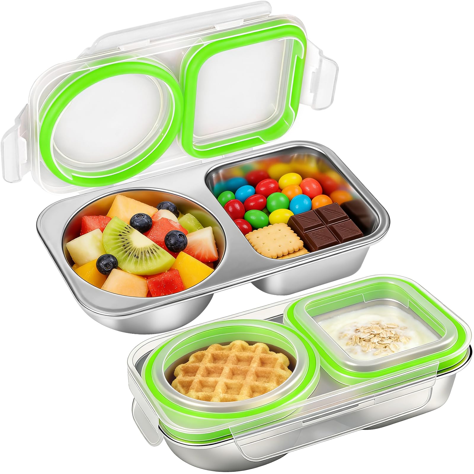 Fruiid Stainless Steel Snack Containers, 6.5Oz 2 Compartment Snackle Box With Lids, Leakproof Reusable Bento Box Metal Lunch Con