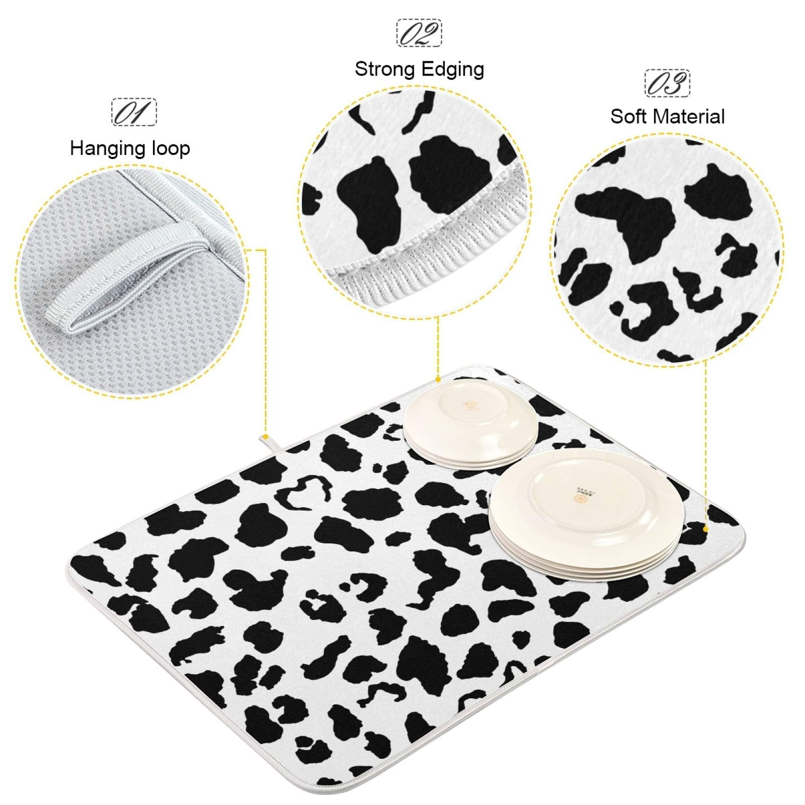 Zzwwr Cute Black White Cow Skin Absorbent Dish Drying Mat Microfiber Kitchen Countertop Table Protector Multi-Purpose Counter Ra
