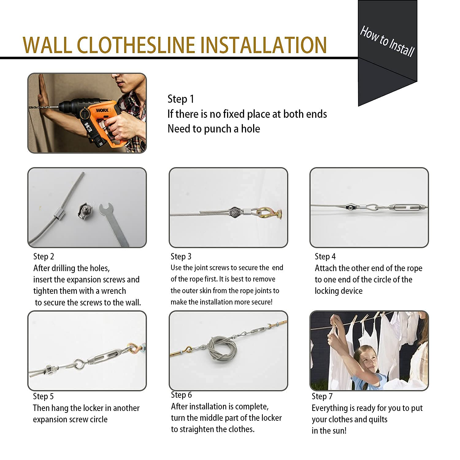 Mhy 16Ft Clotheslines,Outdoors 304 Stainless Steel Clothes Line,Heavy Duty Cable Wire Rope String With Retractable System,Windpr