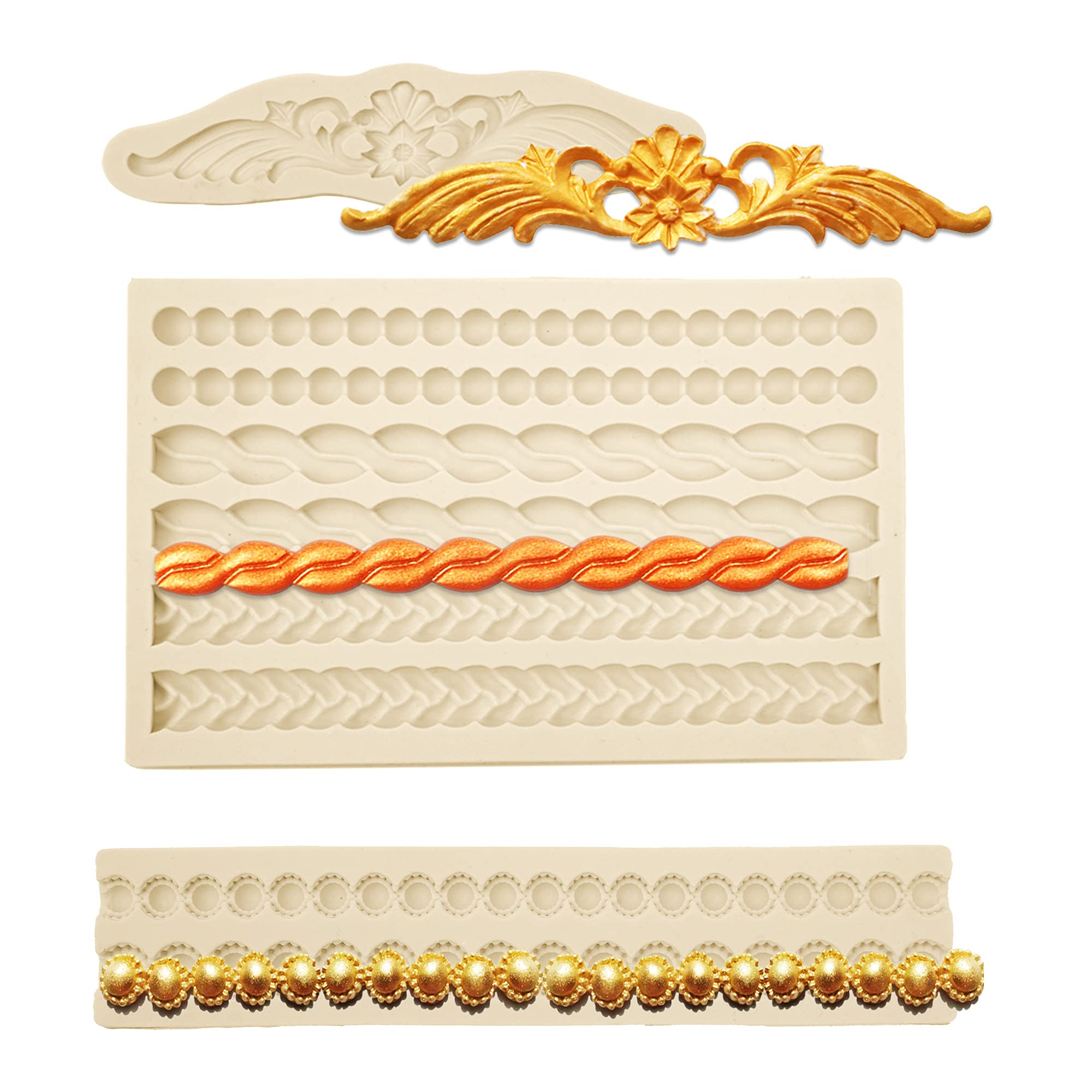 Muyulin Pearl Fondant Molds, 3 Pack Silicone Pie Decoration Crust Mould, For Cake, Chocolate, Cupcake, Knit Rope, Game Pie, Suga