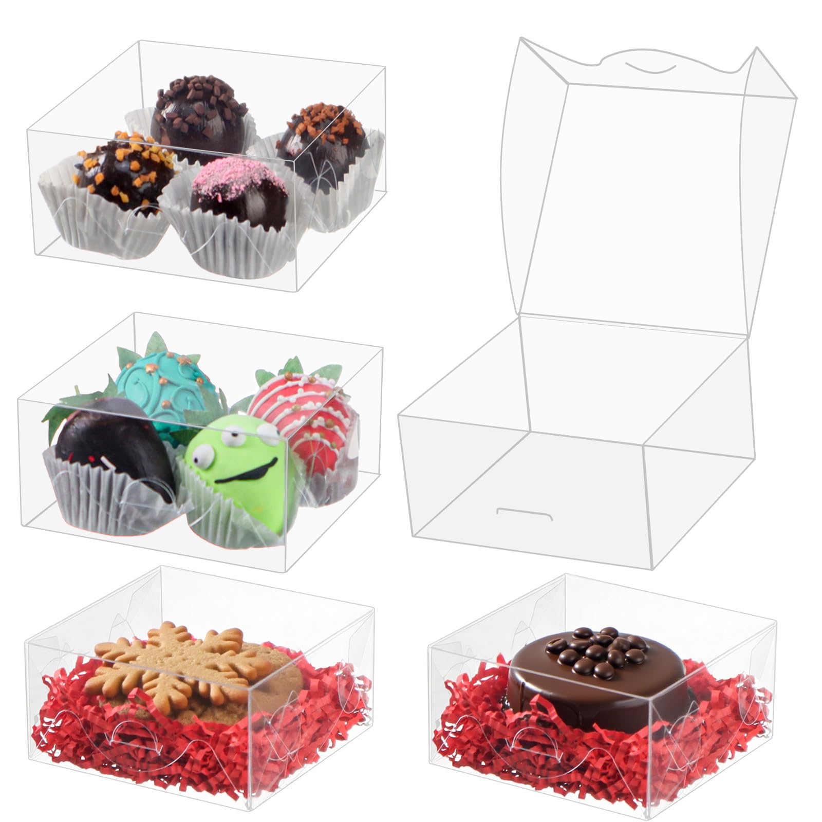 ROSPAKTEK 100pcs 4x4x2 Inch Clear Plastic Pastry Gift Boxes for Cookies, Chocolate Covered Strawberries, Truffles, Brownies & Mo