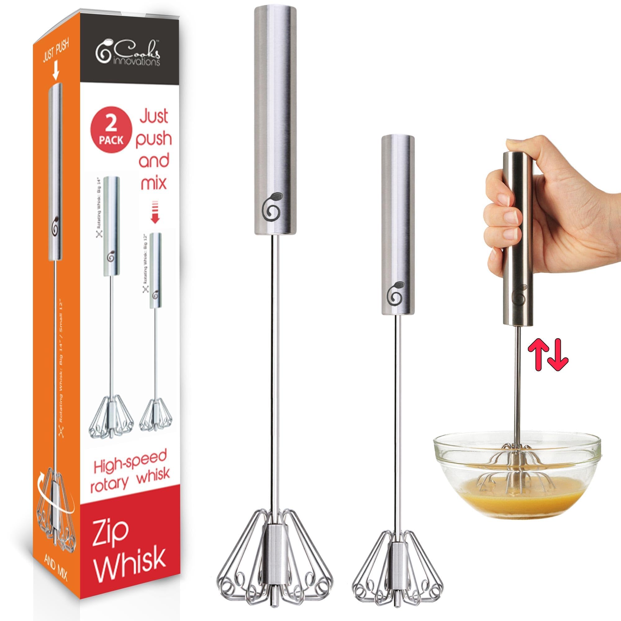 Stainless Steel Egg Beater - Easy to Use Semi-automatic Push-Down Zip Whisker - Rotary Hand Mixer for Beating Eggs, Frothing Mil