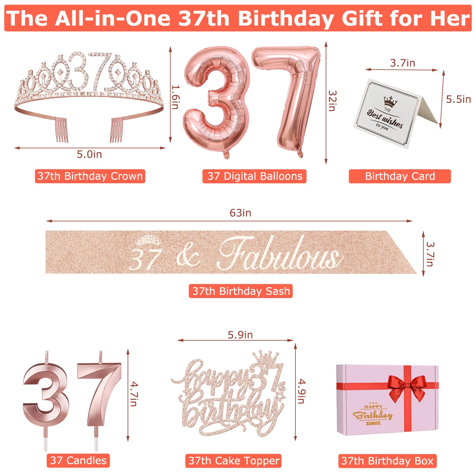 37Th Birthday Decorations For Women Including 37Th Birthday Sash For Women, Tiara/Crown, Candles And Cake Topper, Number 37 Ball