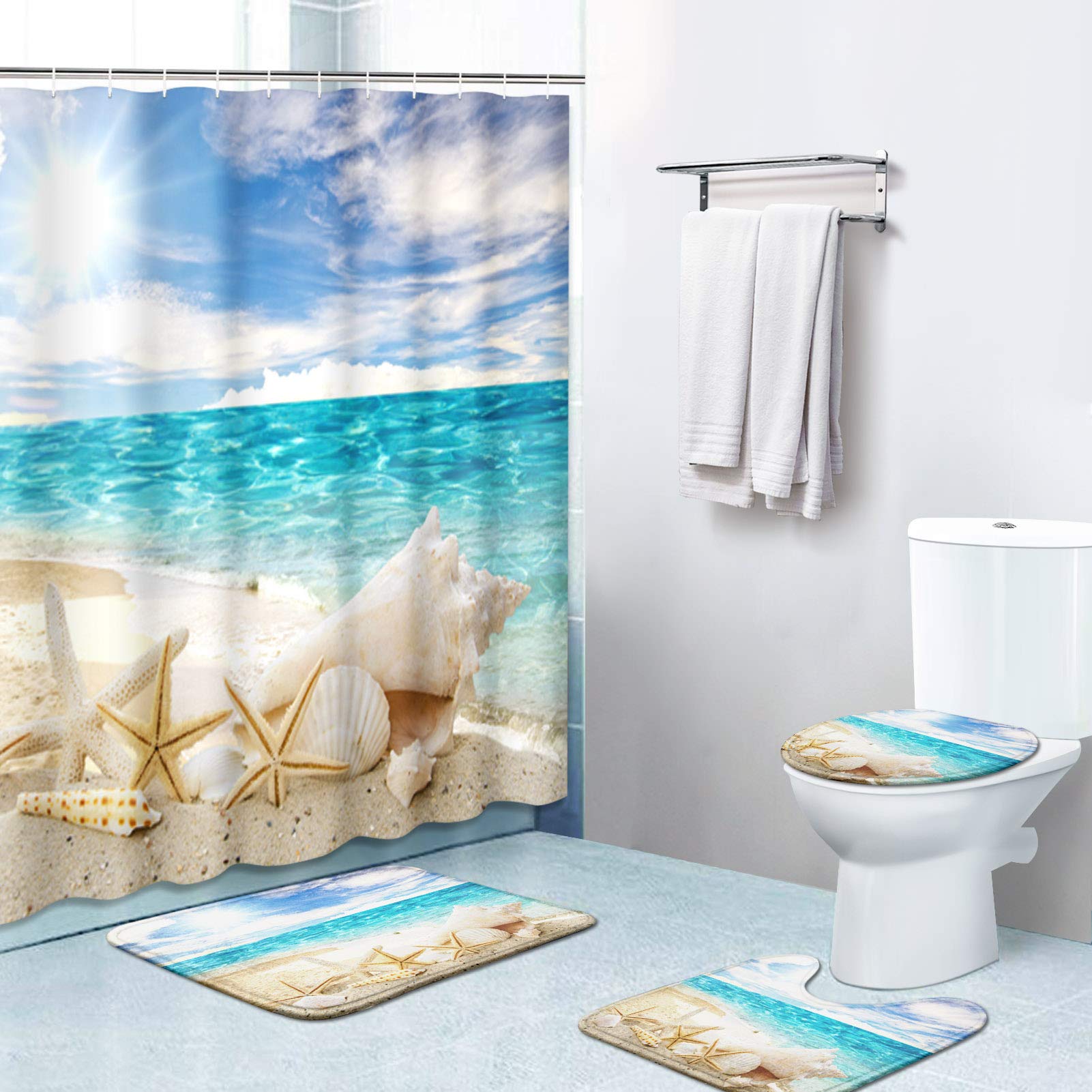 Britimes 4 Piece Shower Curtain Sets, With 12 Hooks, Ocean Starfish Seashells With Non-Slip Rugs, Toilet Lid Cover And Bath Mat,