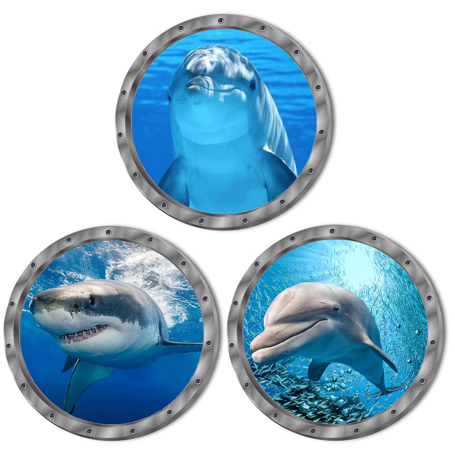 Ocean Animals World Under Sea Decor Includ Dolphins Sharks 3 Pcs Removable 3D Peel And Stick Vinyl Stickers For Bathroom,Wall De