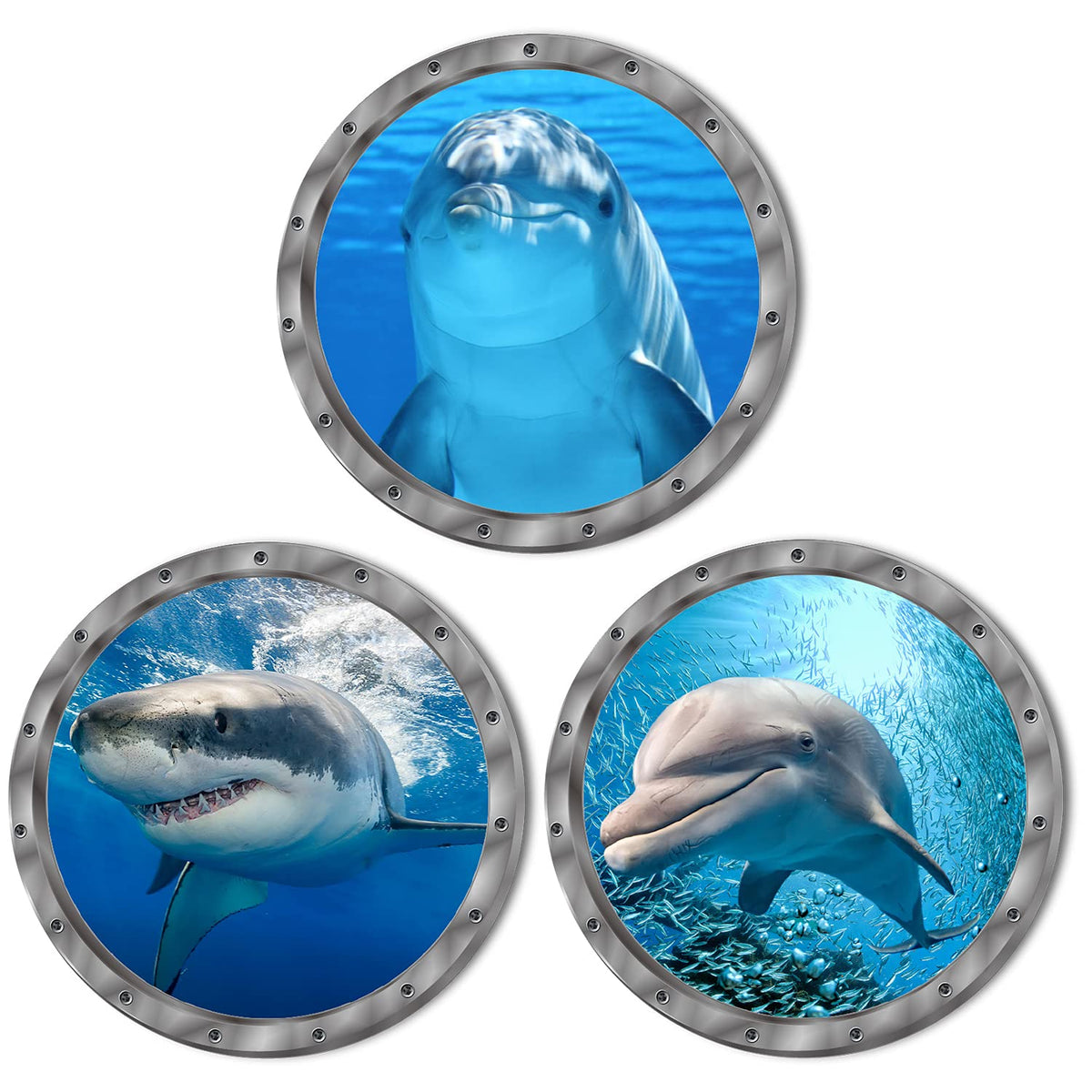 Ocean Animals World Under Sea Decor Includ Dolphins Sharks 3 Pcs Removable 3D Peel And Stick Vinyl Stickers For Bathroom,Wall De