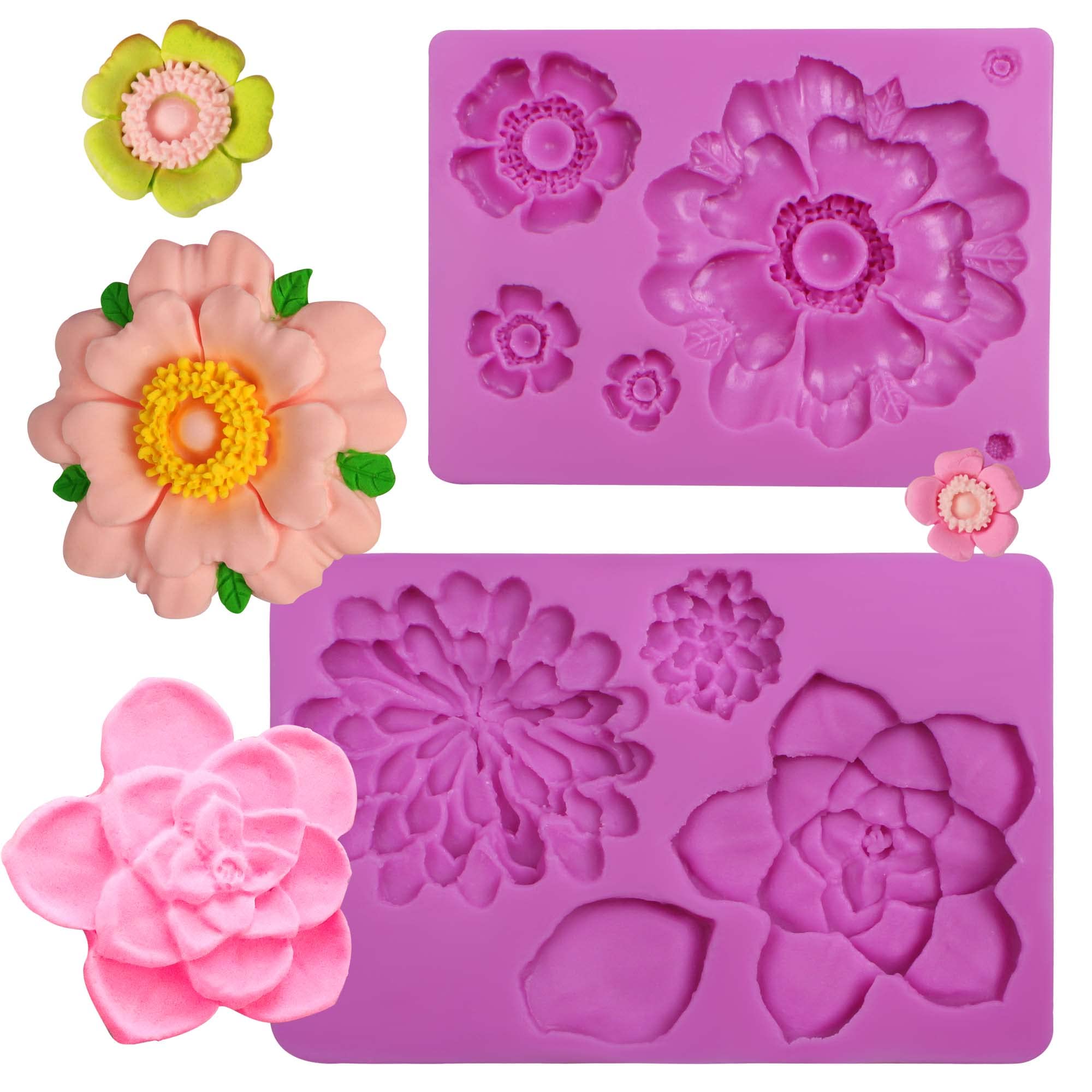 Succulent Flower Silicone Chocolate Molds, 2 Pcs Flowers Cake Decorations Fondant Molds For Cactus Cupcake Toppers, Clay, Resin