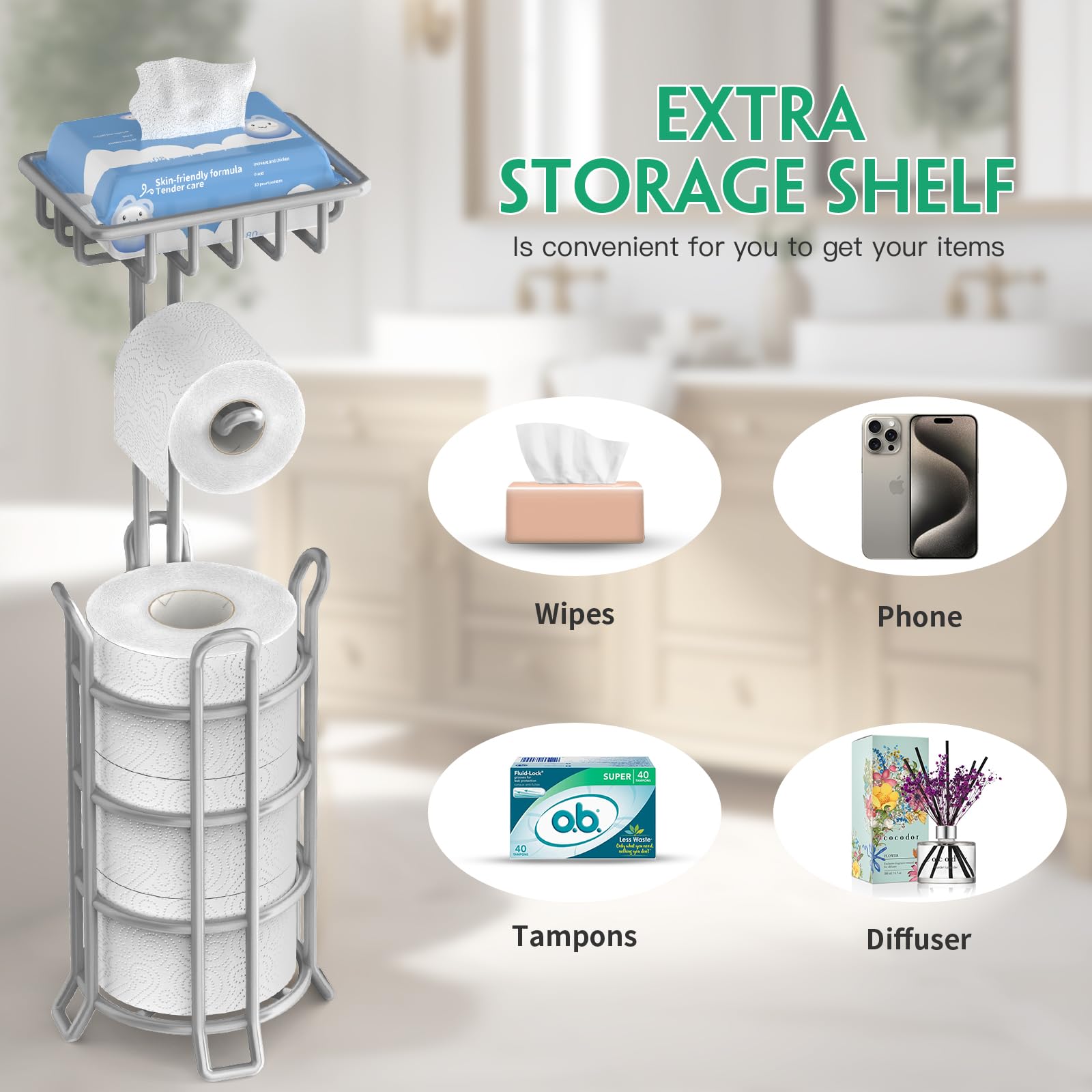 Tomcare Toilet Paper Holder Upgraded Toilet Paper Stand With Raised Feet Metal Bathroom Accessories Tissue Paper Dispenser Free