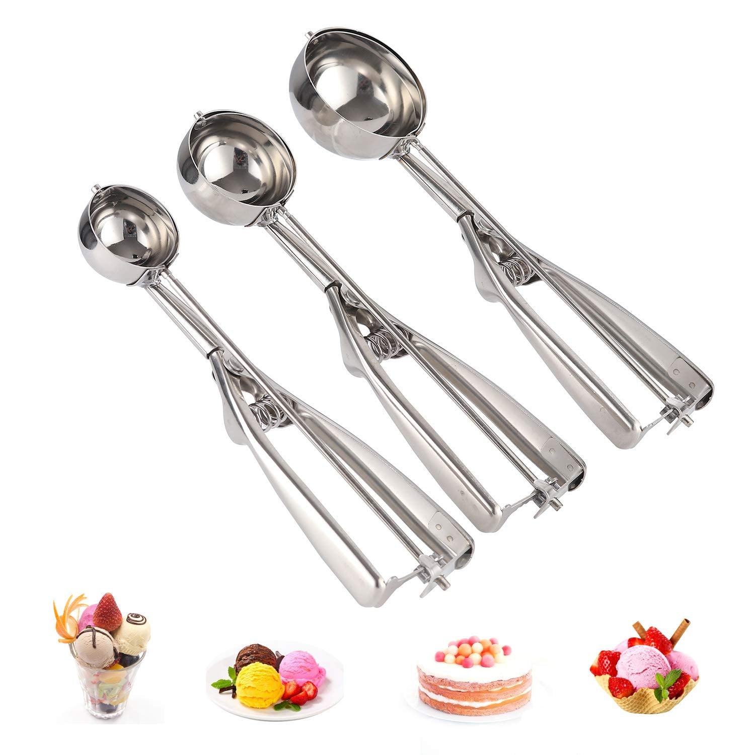 Emoly Cookie Scoop Set, 3 Pcs Ice Cream Scoop With Trigger, 18/8 Stainless Steel For Baking Include Large-Medium-Small Size Perf