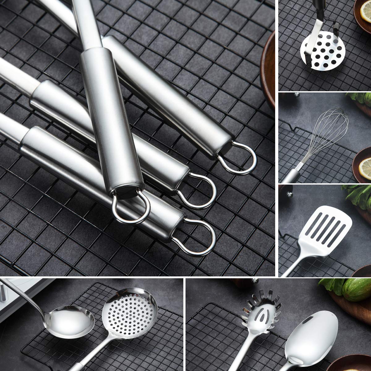 Berglander Cooking Utensil Set 13 Piece Stainless Steel Kitchen Tool Set with Holder  Include Cooking Spoon  Spatula  Whisk  Cooking Tong and etc. (13 Pieces)