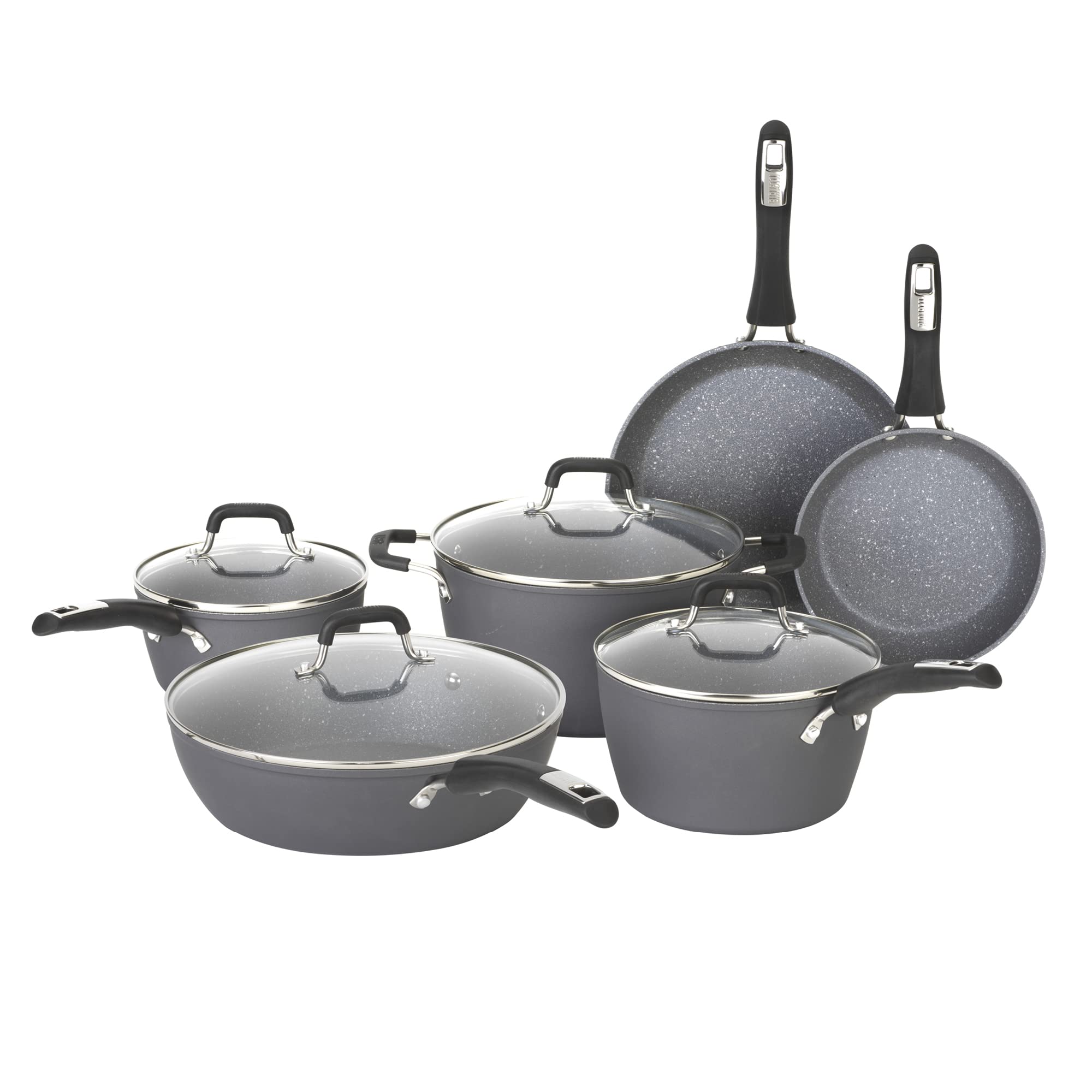 Bialetti Impact Textured Nonstick 10 Piece Oven-Safe Cookware Set, Gray - 10-Piece Set, Micro-Divot Textured Aluminum, Nanotec-I