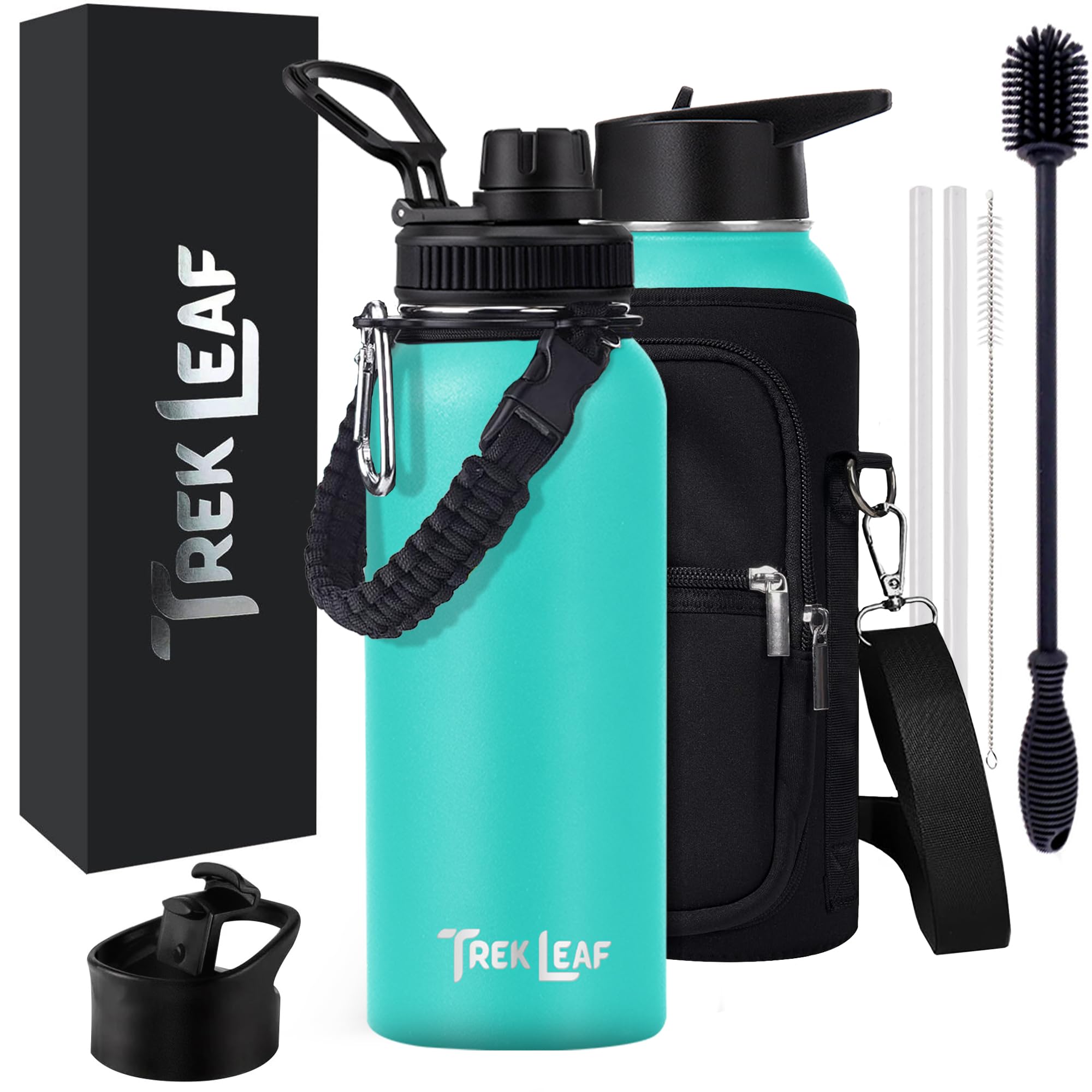 Trek Leaf Travel Water Bottle with Carrying Bag, 3 Lids (Spout, Straw, Flip), and Bottle Brush; Leak Proof, Quality, Vacuum Insu