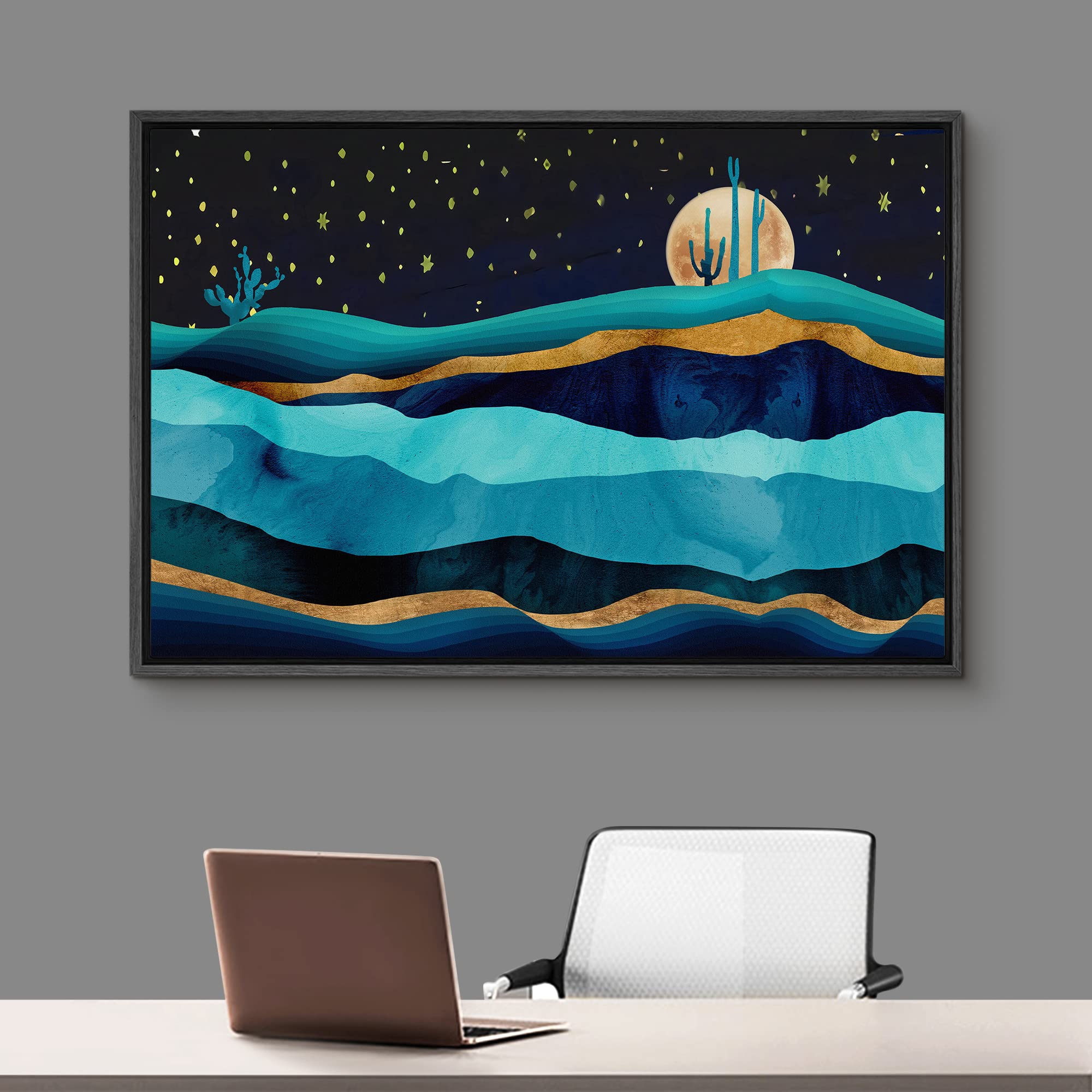 Signford Framed Canvas Print Wall Art Gold Teal Moon Marble Mountain Range Nature Wilderness Illustrations Modern Art Rustic Zen