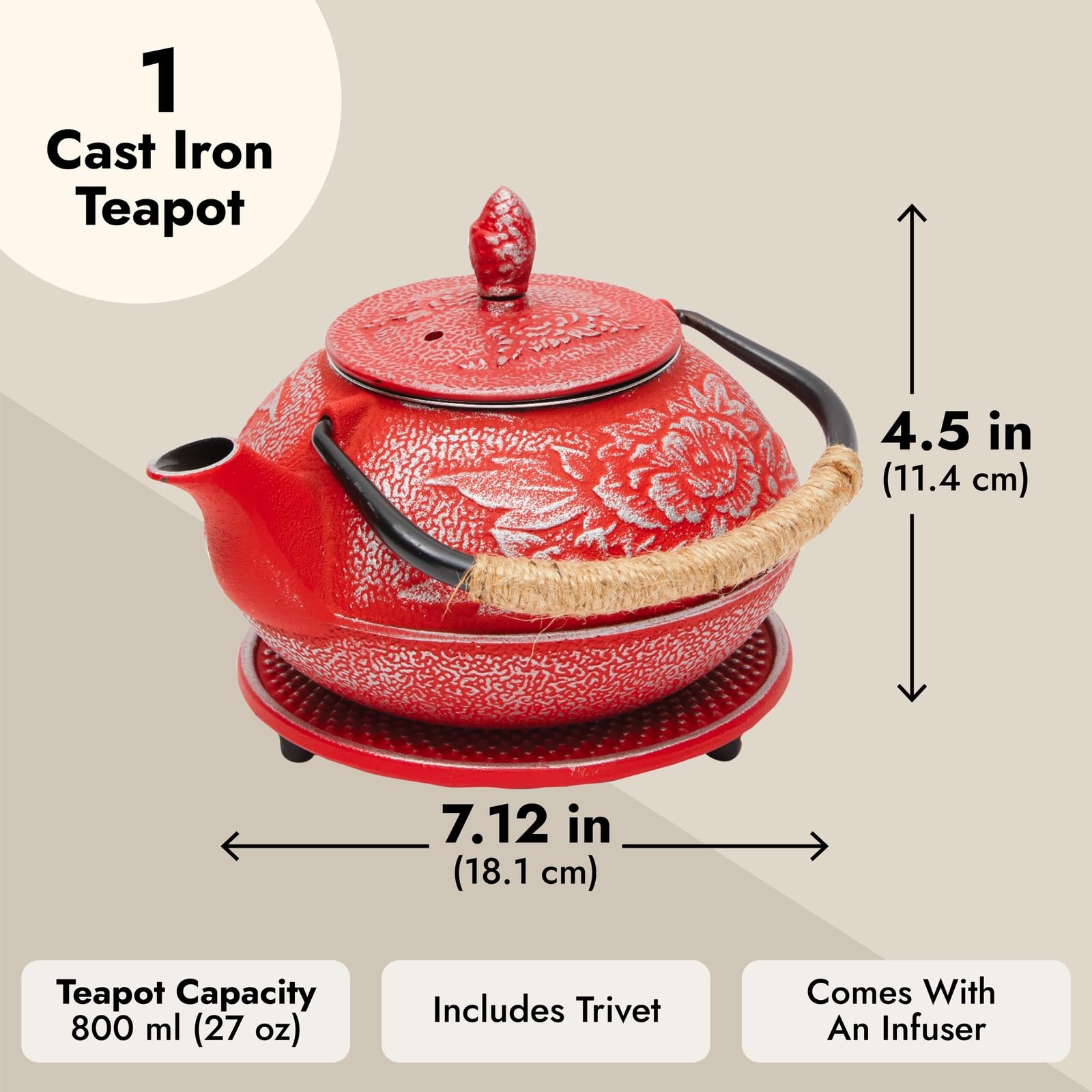 Juvale 3 Piece Set White Japanese Cast Iron Teapot - Loose Leaf Tetsubin With Handle, Stainless Steel Infuser, And Trivet (27 Oz