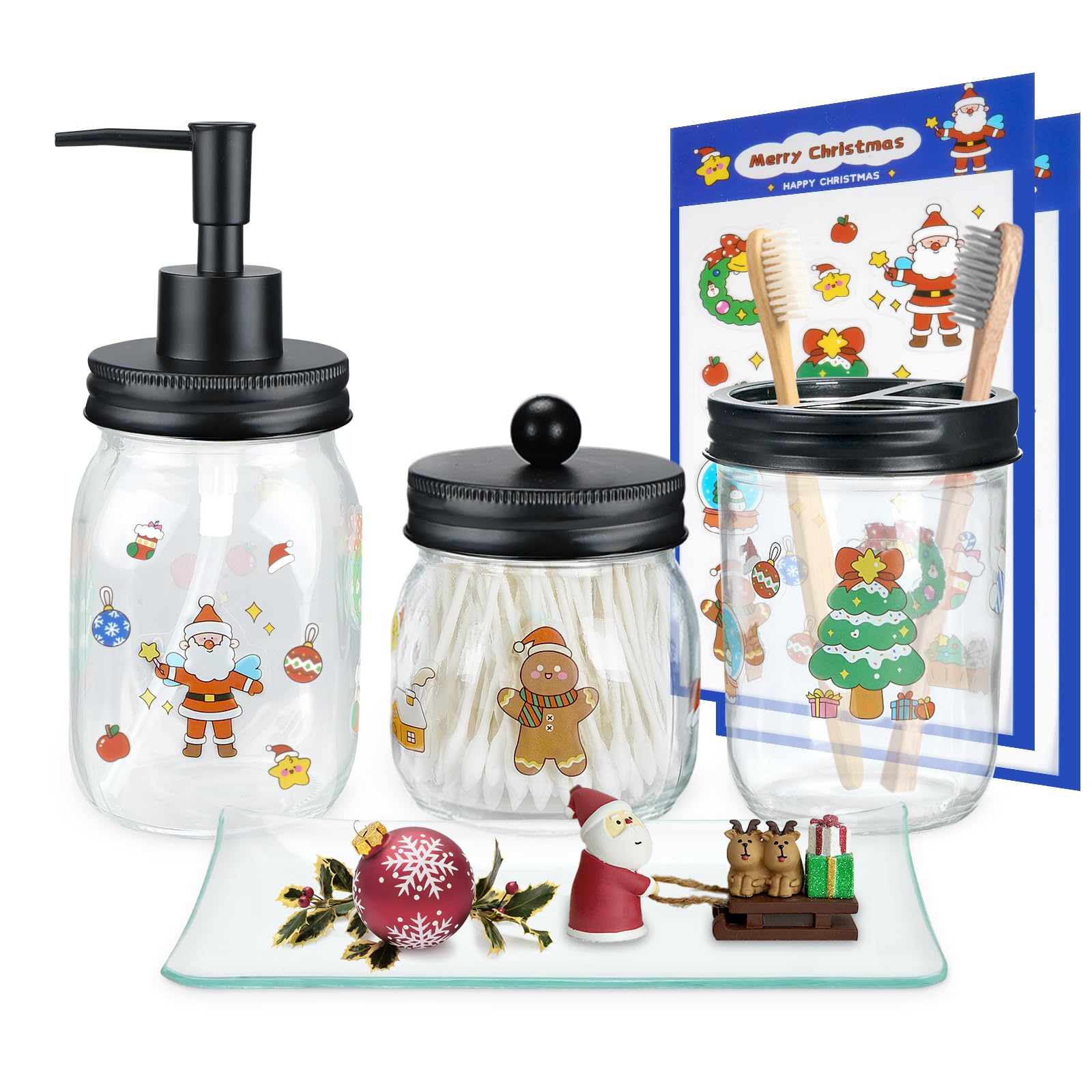 Haturi Bathroom Accessories Set, 4Pcs Christmas Mason Jar Bathroom Decor, Lotion Soap Dispenser, Toothbrush Holder, Qtip Holders