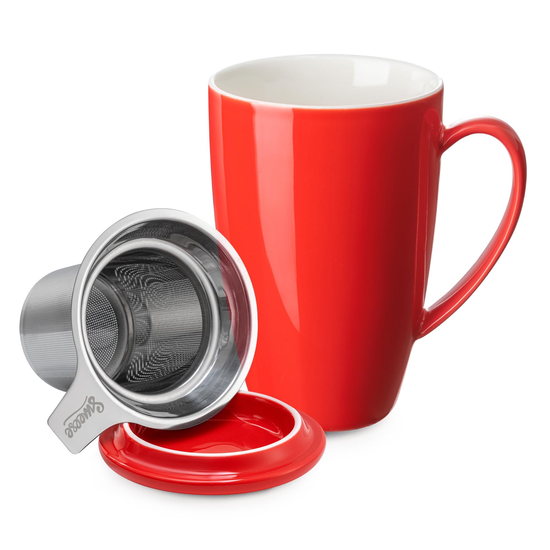 Sweese 15 OZ Porcelain Tea Mug with Infuser and Lid, Loose Leaf Tea Cup, Gifts for Tea Lover, Red