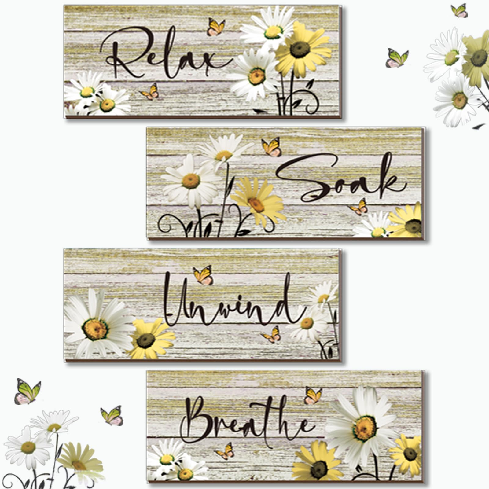 ZINYAZHE 4 Pcs Farmhouse Yellow Bathroom Wall Decor Yellow Daisy Floral Flowers and Butterfly Wall Art Relax Soak Unwind Breathe