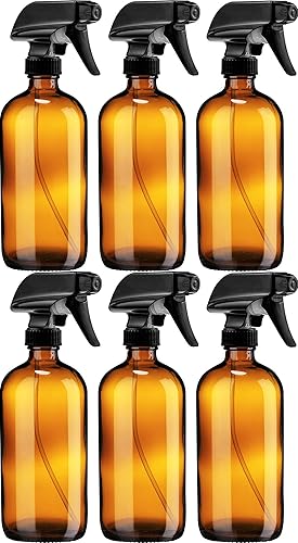 Sally's Organics Empty Amber Glass Spray Bottle - Large 16 oz Refillable Container for Essential Oils  Cleaning Products  or Aromatherapy - Black Trigger Sprayer w/Mist and Stream Settings - 6 Pack