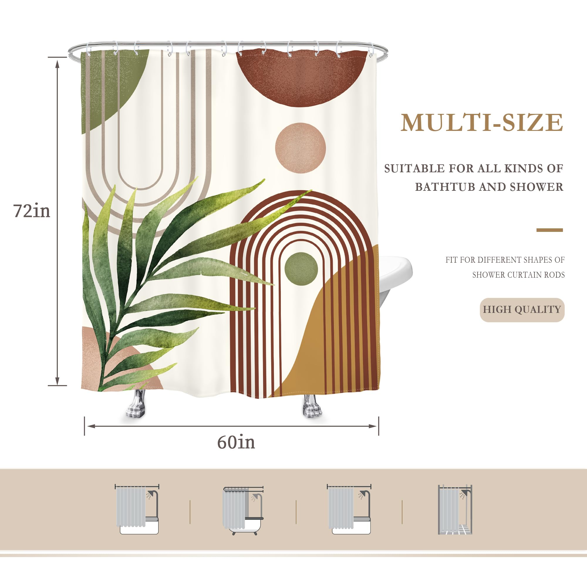 Glawry Green Brown Boho Shower Curtain Abstract Mid Century Plant Tropical Leaves Modern Geometric Bathroom Minimalist Arch Curv