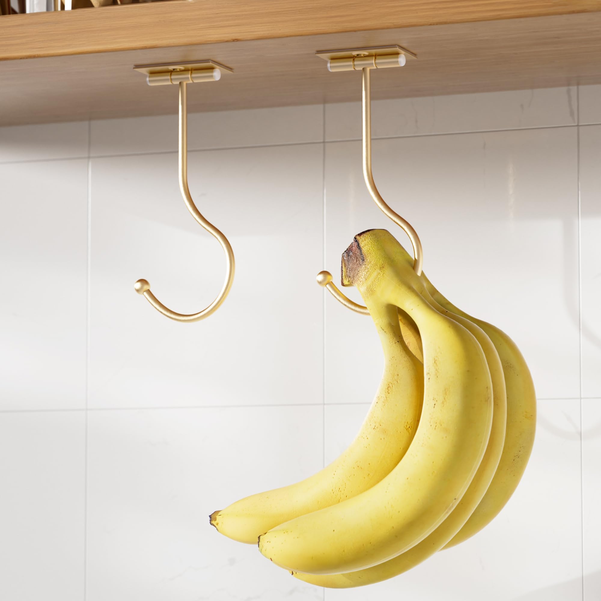 2-Pack Banana Hook Under Cabinet: Banana Holder,Metal Banana Hanger Hook,Adhesive Banana Hook, Foldable Banana Hook, Folds Up Wi
