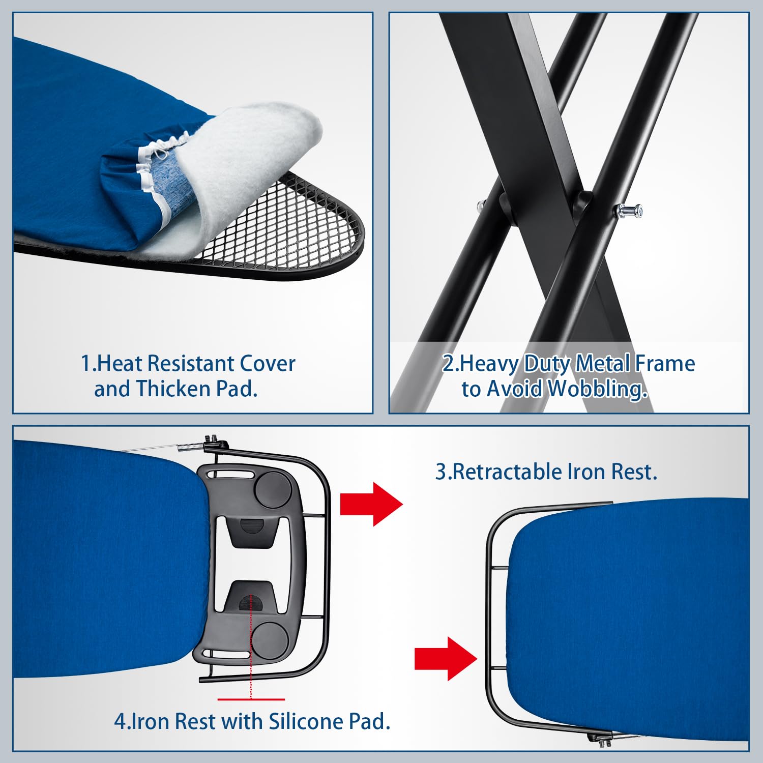 Duwee 18''x48'' Deluxe Ironing Board with Retractable Iron Rest Extra Wide Ironing Board Thicken Steel Top Board with Sleeve Board Adjustable Height T-Leg Foldable