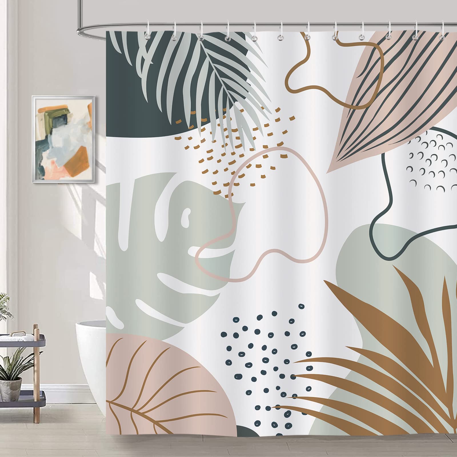 Bonhause Abstract Boho Leaves Shower Curtain Mid Century Modern Minimalist Decorative Bath Curtain 72 x 72 Inch Polyester Fabric Waterproof Bathroom Curtain with 12 Hooks