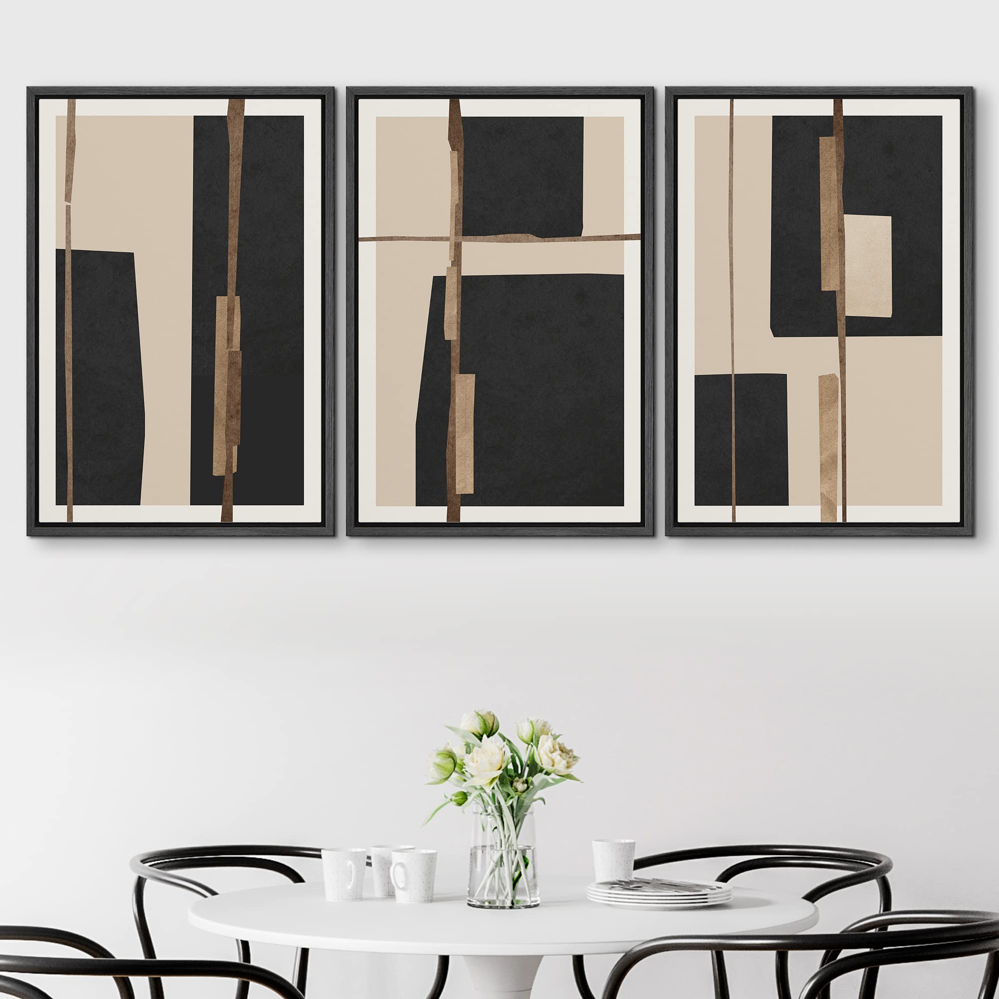 Signford Framed Canvas Print Wall Art Set Mid-Century Black Polygon Squares Abstract Shapes Illustrations Modern Art Bohemian No