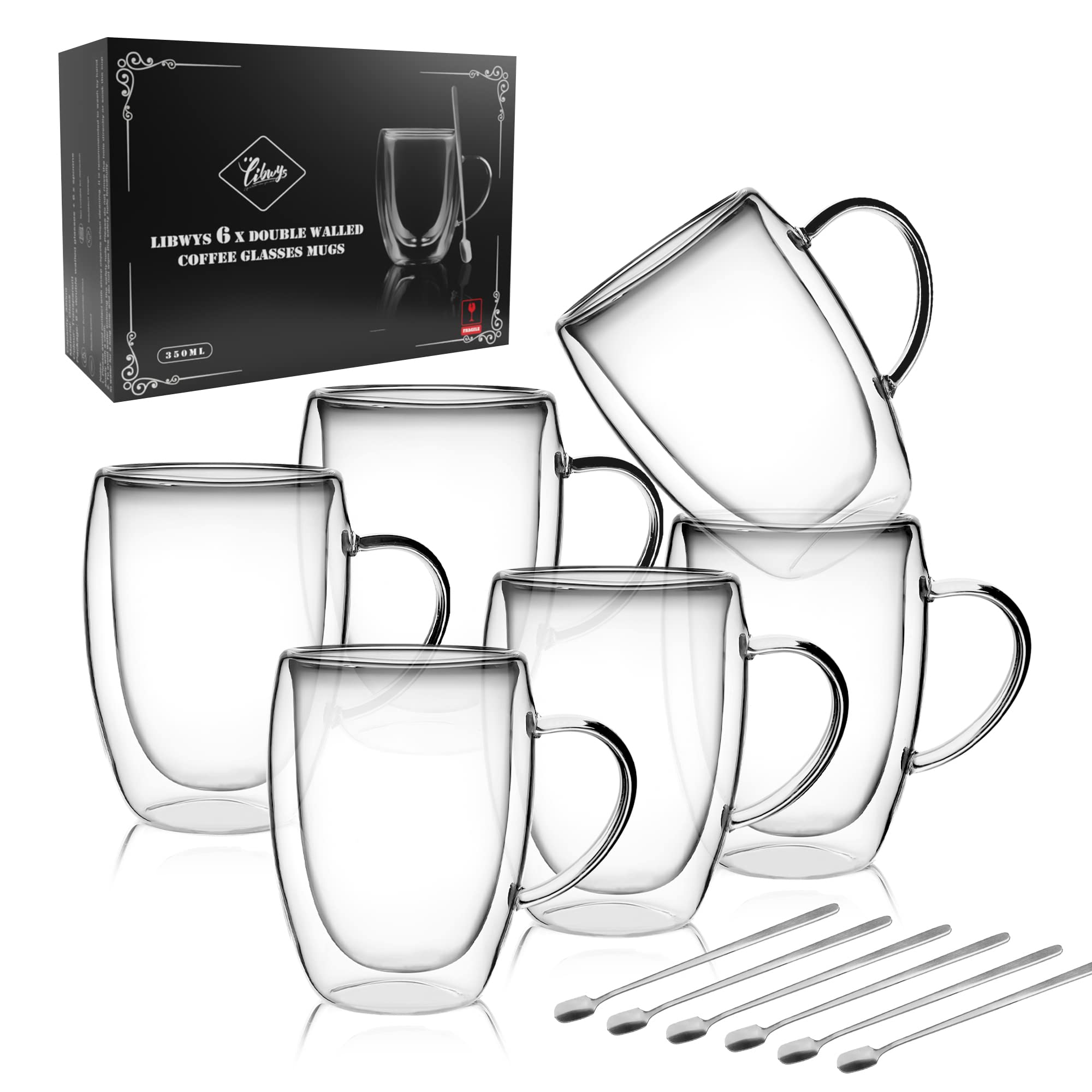 Libwys 6 Pack Double Walled Coffee Cups Glasses Mugs, 12Oz Espresso Cappuccino Latte Tea Cups With Handle, Heat Resistant Borosi