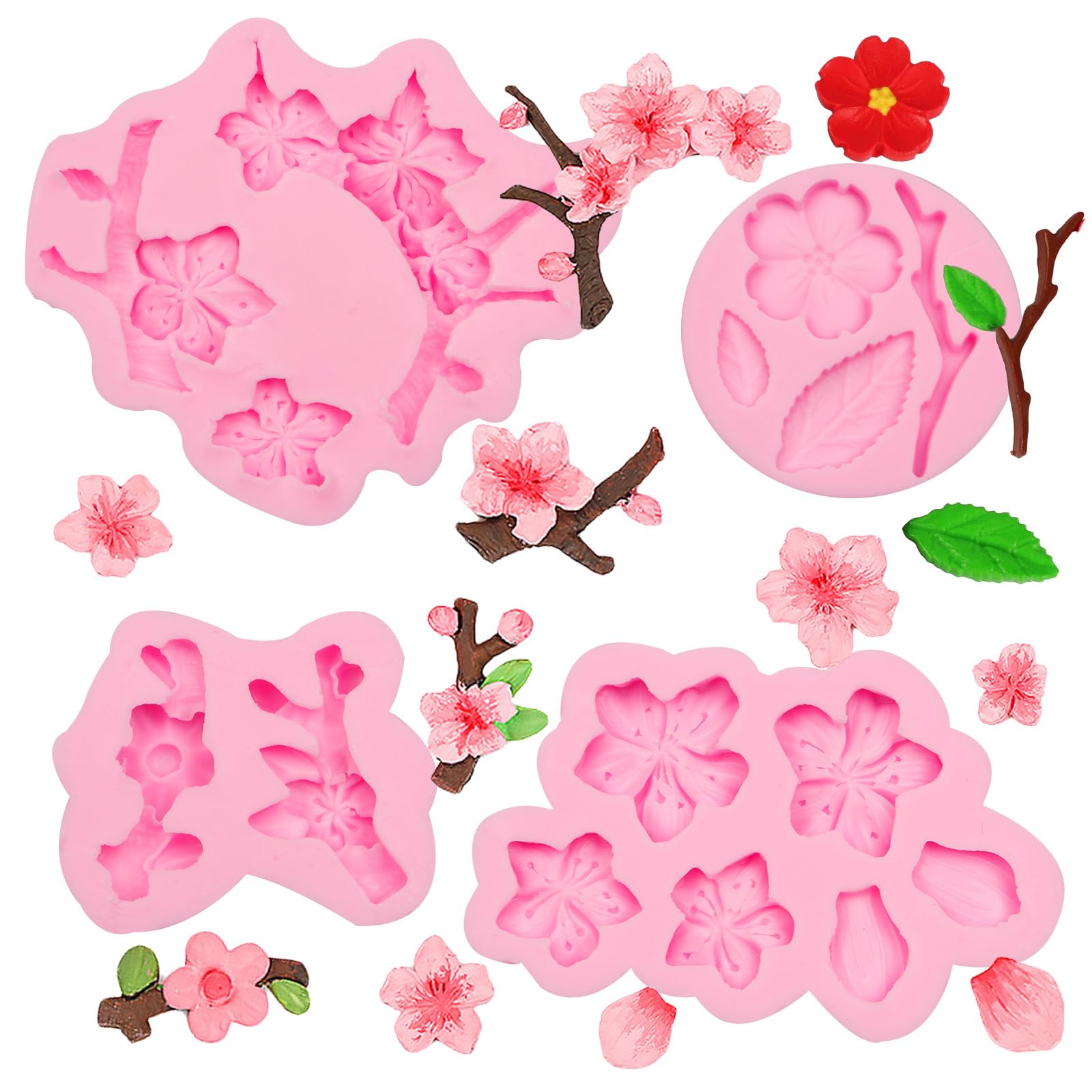 Plum Blossom Silicone Molds for Fondant Tree Branch Flower Mini Cake Mold for Cake Decorating Craft Set of 4
