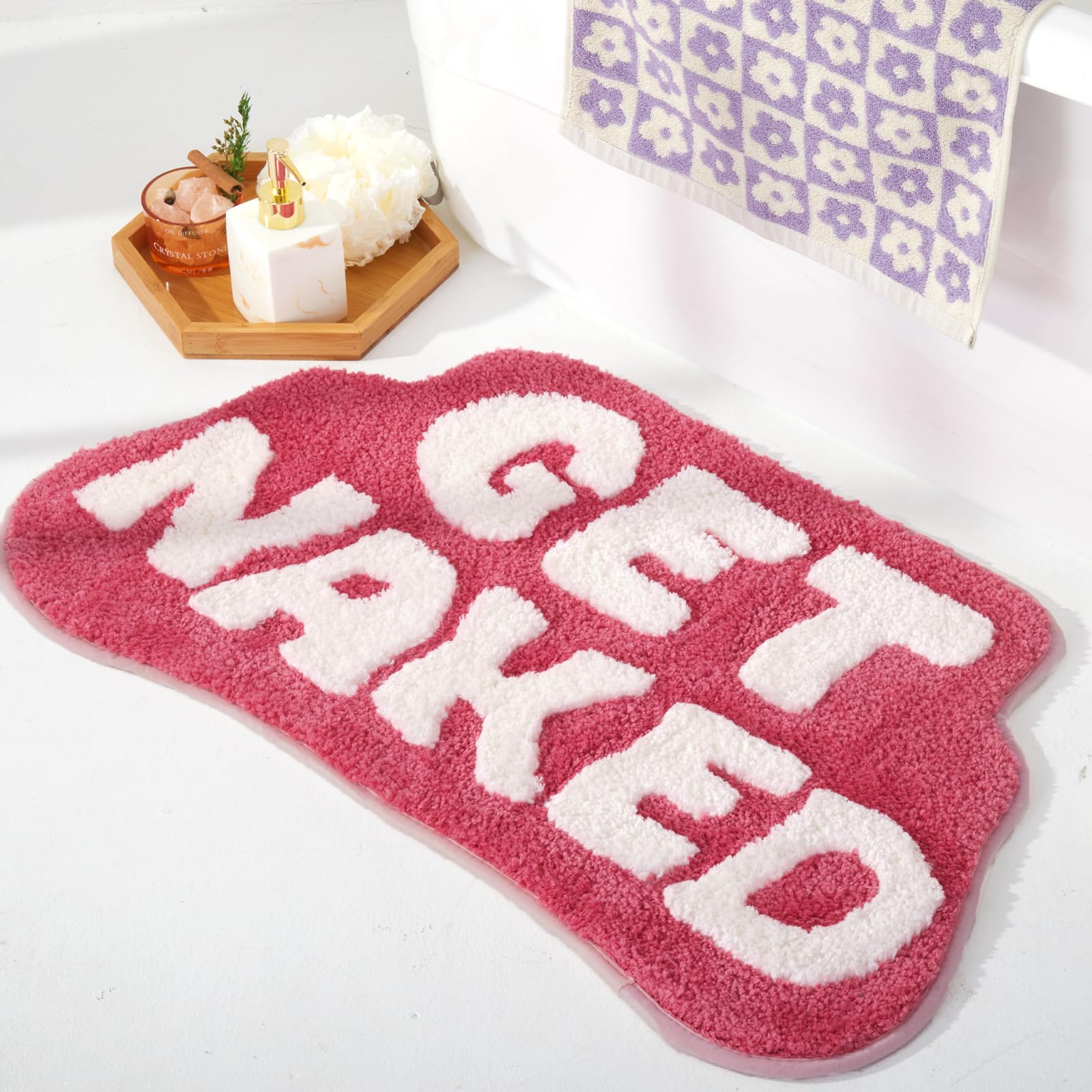 Dyefury Irregular Shaped Get Naked Bath Mat Hot Pink - Fun Bath Mat, Small Preppy Bathroom Decor, Funny Aesthetic Bathroom Rugs