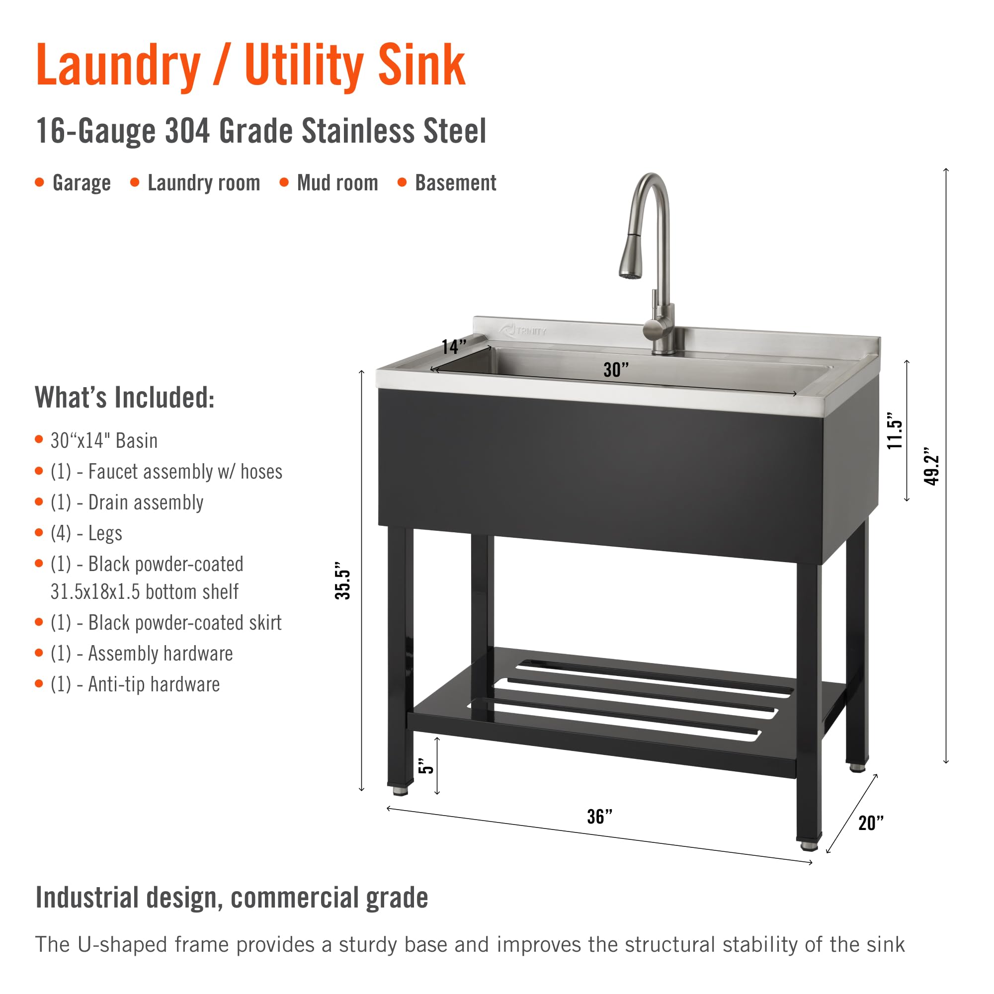 Trinity Thapbk-0323 Stainless Steel Freestanding Single Bowl Utility Sink For Garage, Laundry Room, And Commercial Use, Includes