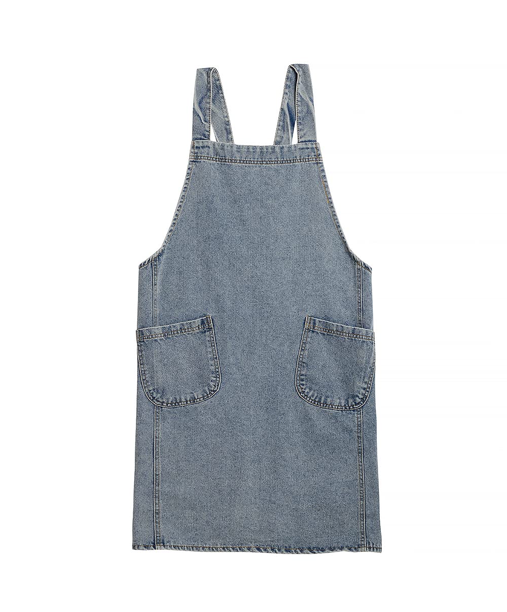 Jeelow Cotton Washed Denim Blue Jean Cooking Kitchen Garden Cross Back Apron For Men & Women Adjustable With Pockets Simplistic