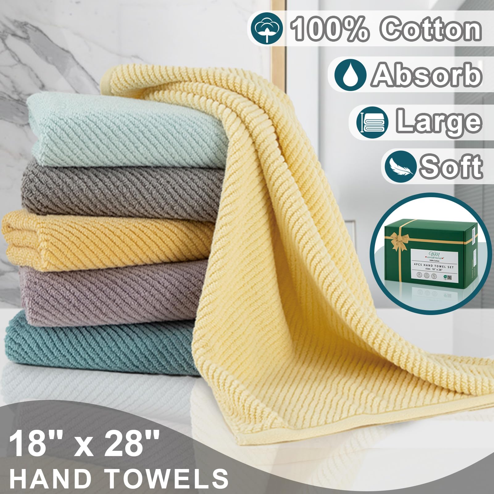 Voova & Movas Bathroom Hand Towels - 4Pc Large 18'' X 28'', 100% Cotton | Lightweight | Thick | Quick Dry | Soft | Absorbent, Ha