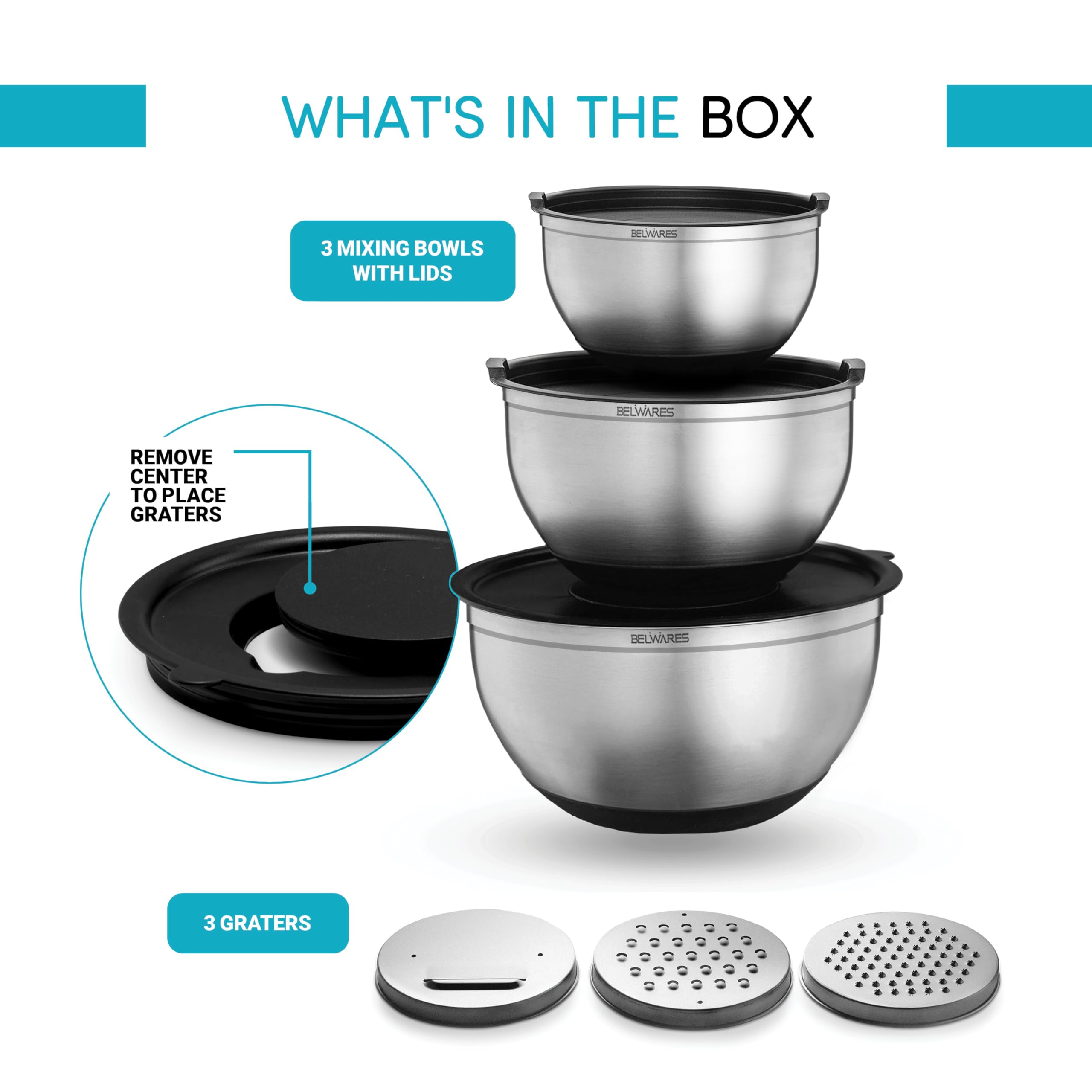 Belwares Mixing Bowls With Lids Set - Nesting Bowls With Graters, Handle, Pour Spout, Airtight Lids - Stainless Steel Non-Slip M