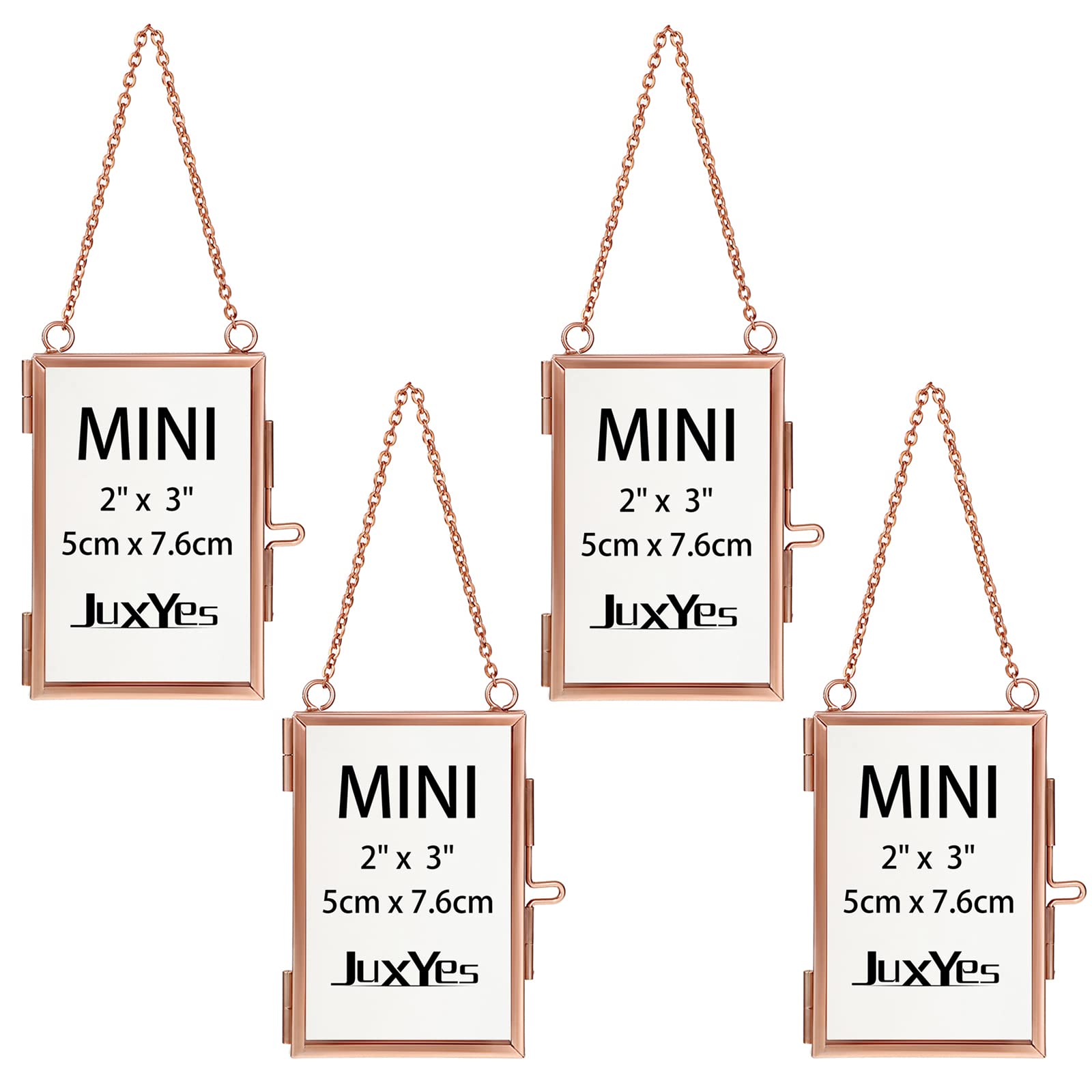 JUXYES Set of 4 Mini Brass Wall Hanging Photo Frame, Glass Hanging Picture Artwork Display Frame, Double Glass Floating Frame St