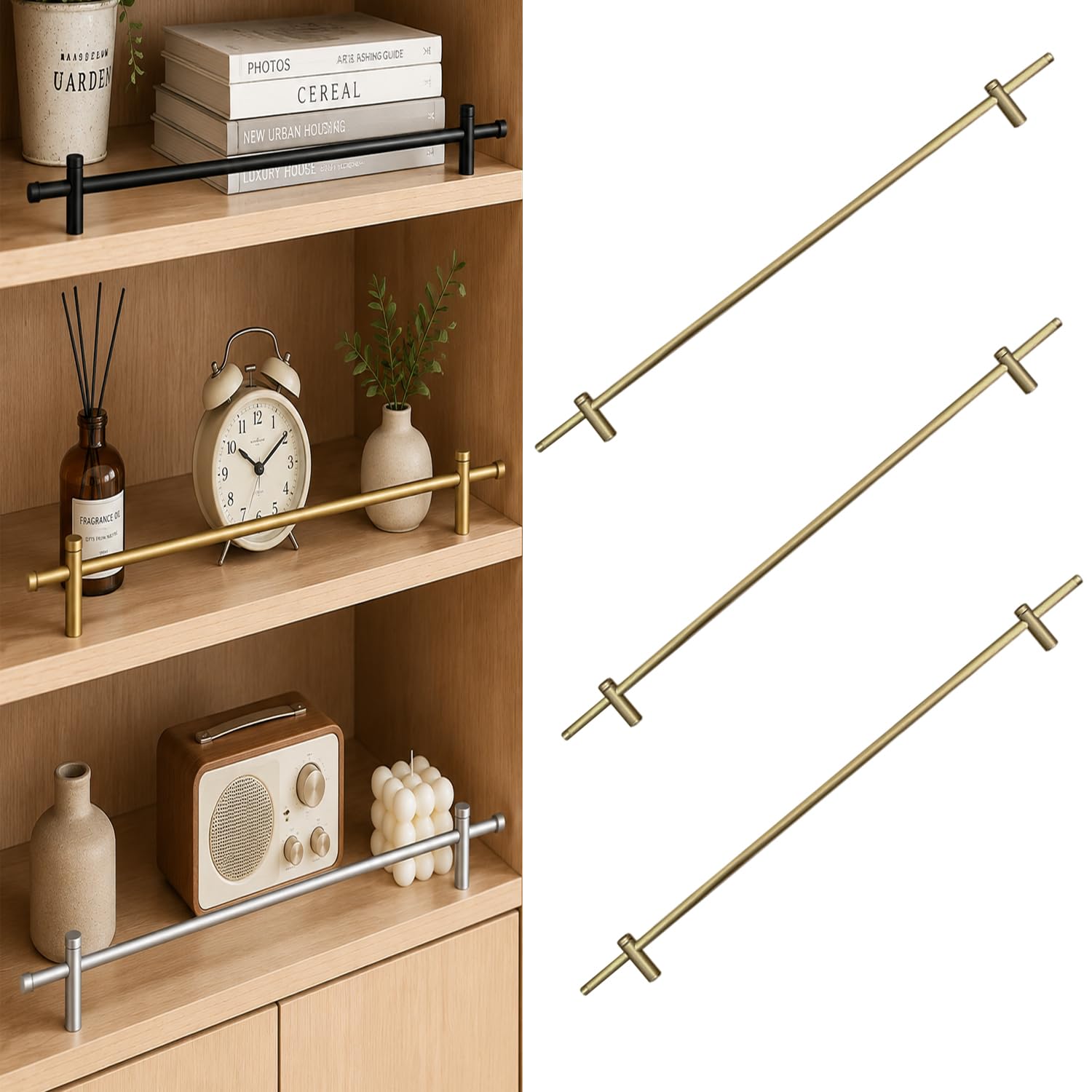 3 Pack Brass Shelf Guard Rail for Floating Shelves